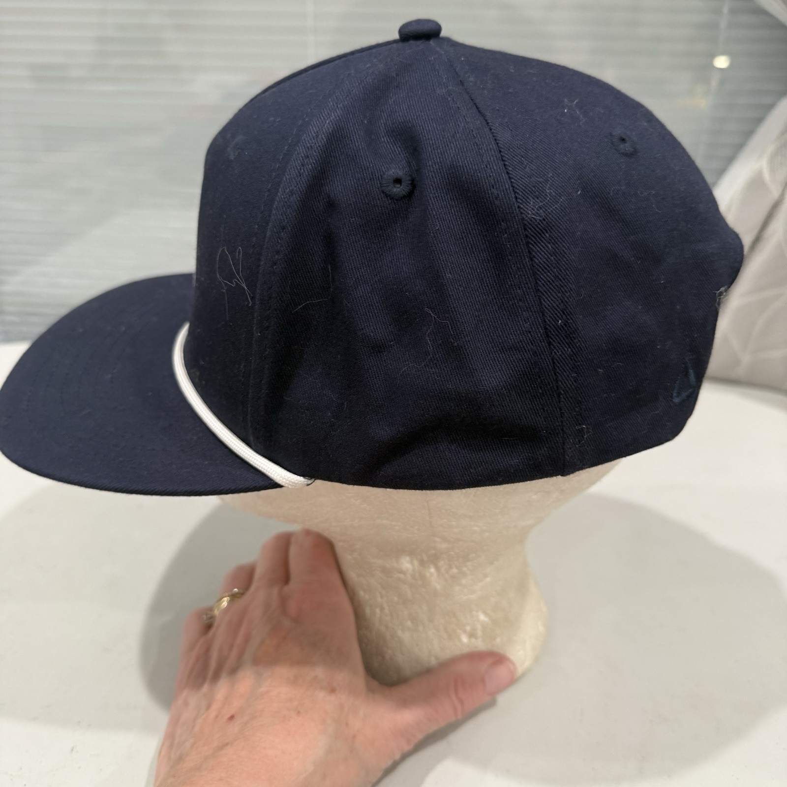 Circle w 2 Dots White Symbol on Navy Hat Cap w White Cord Snapback AHEAD EUC