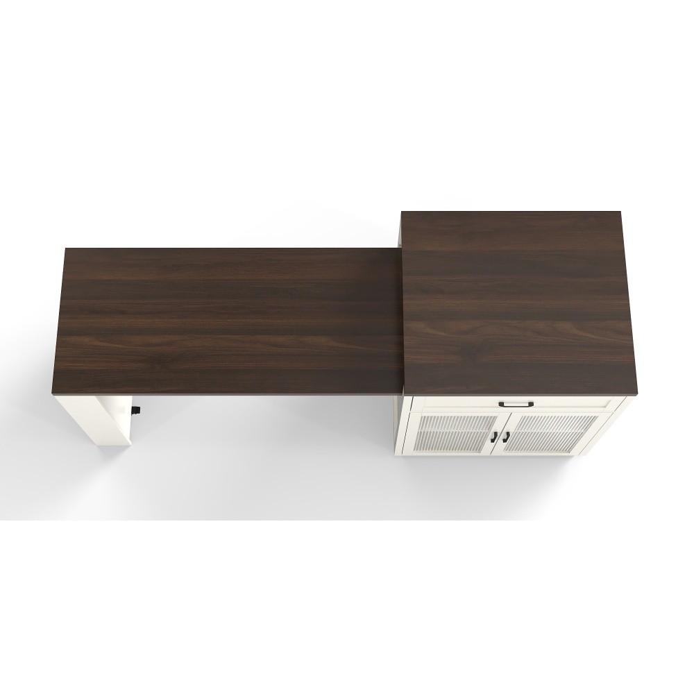 Extendable Kitchen Island Table with Power Outlet Storage Glass Doors Walnut
