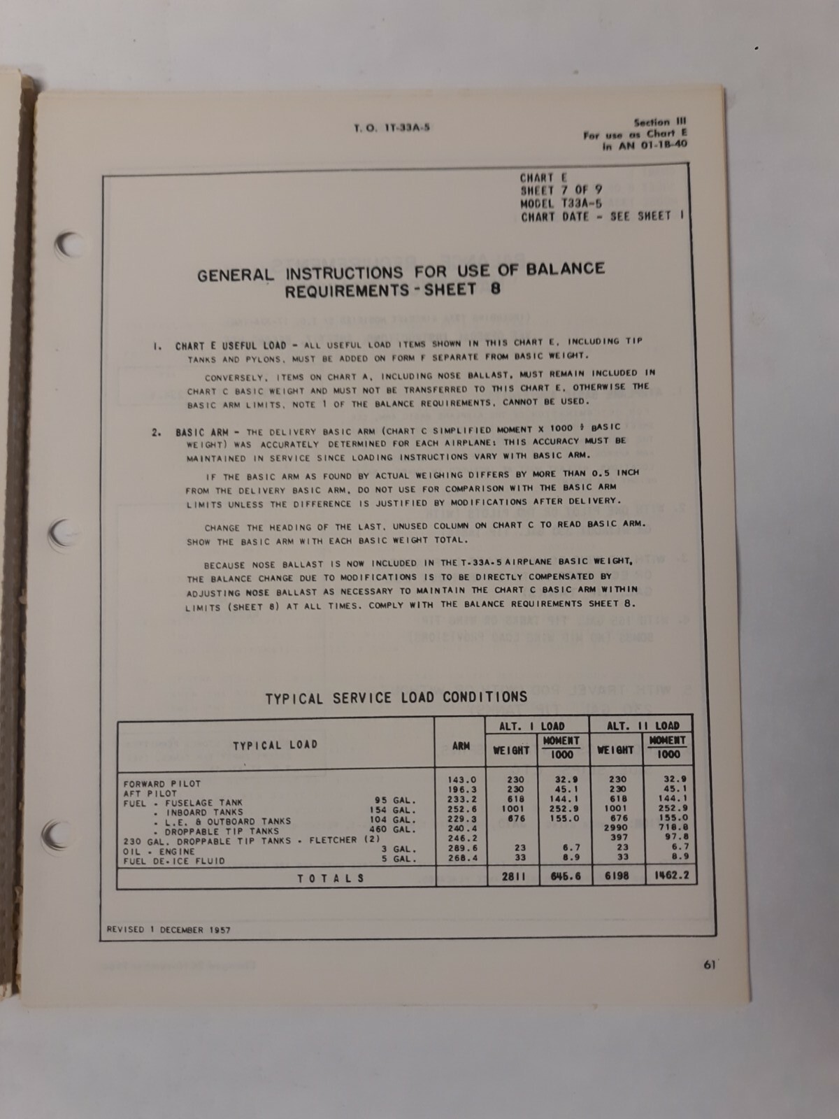 Lockheed T-33A-1-5-10-15/TV-2 Aircraft Basic Weight Checklist & Loading Data
