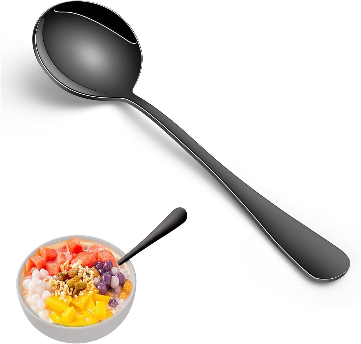 8-Piece Black Soup Spoons Set, 7.4 Inch Modern Stainless Steel Round Spoon For