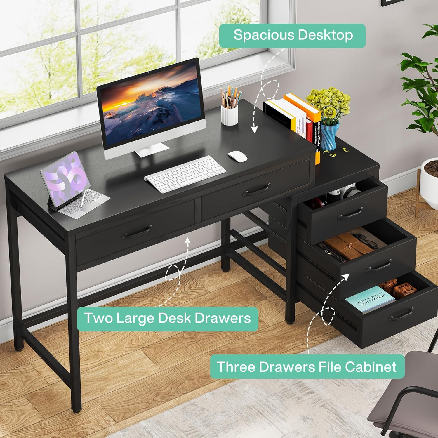 Rustic Computer Desk with 5 Drawers & Printer Stand for Small Spaces