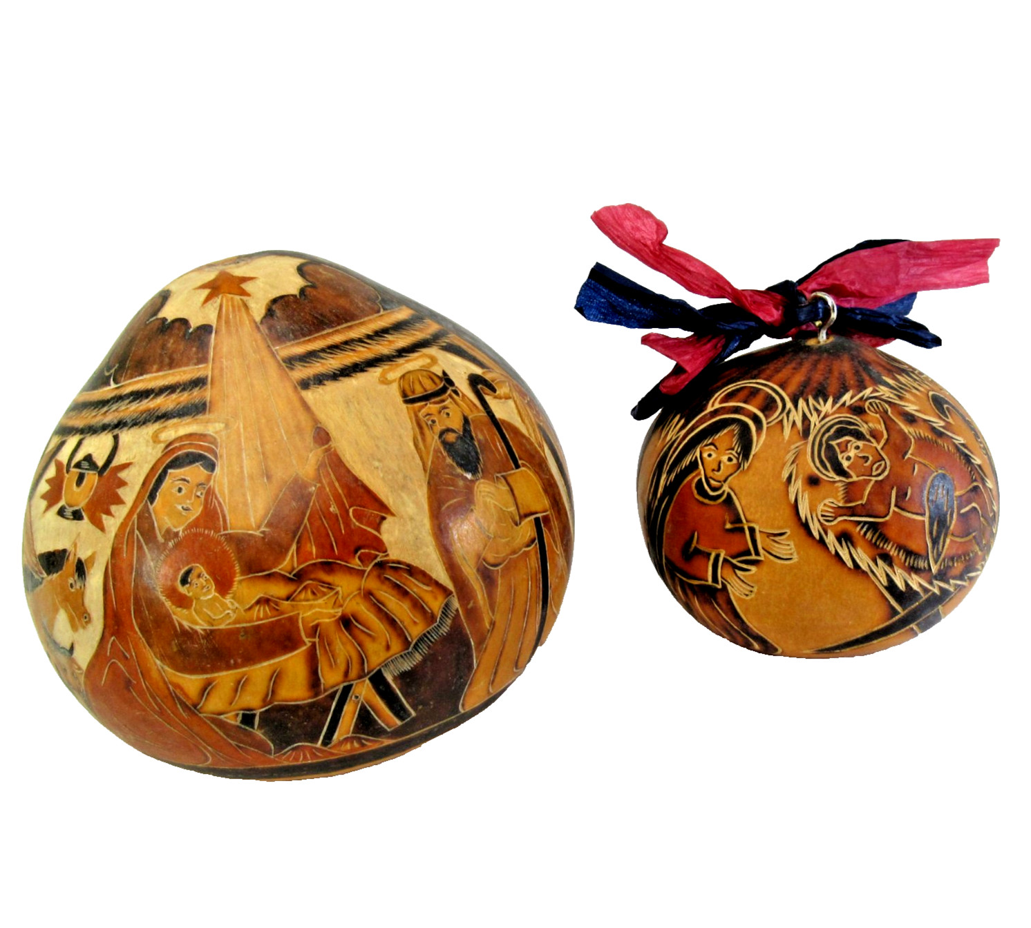 2 Hand carved Peruvian Gourds folk art Navitity Xmas artist signed Percy Medina