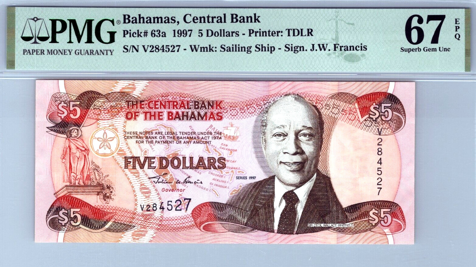 Bahamas 5 Dollars 1997 PMG 67 EPQ SUPERB GEM UNC P# 63a
