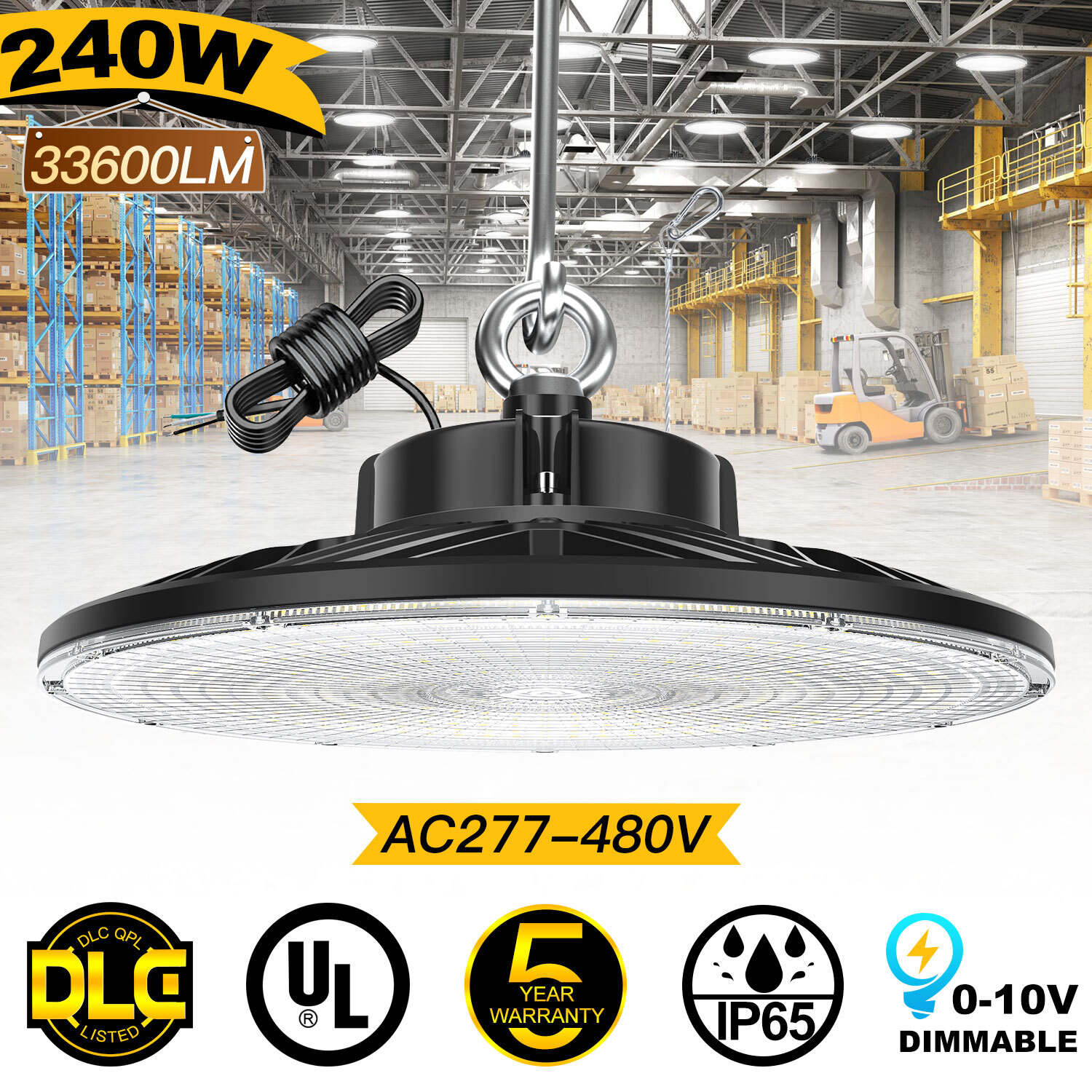 240W LED UFO High Bay Lights Dimmable Warehouse Factory Shop Lighting AC277~480V