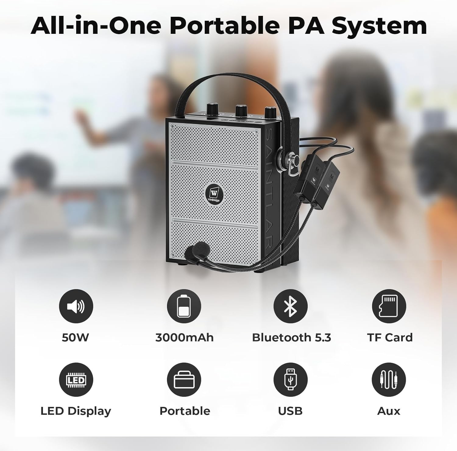 Wireless Bluetooth Amplifier, Portable, w/ 2 Headset Microphones for Instructors