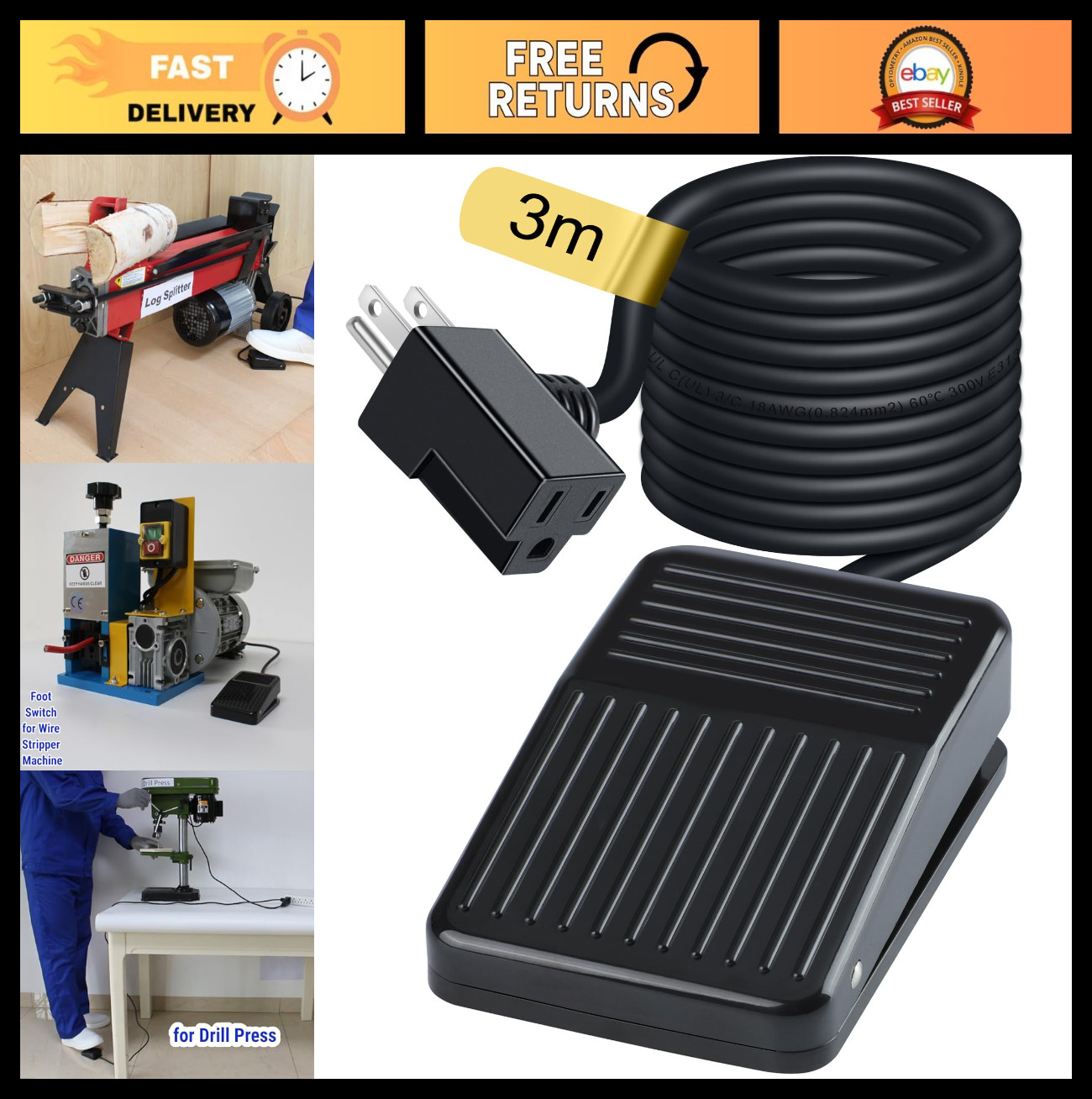 10ft Momentary Foot Switch Pedal - Normally Off, UL-Listed, 15A Power Tool Acces