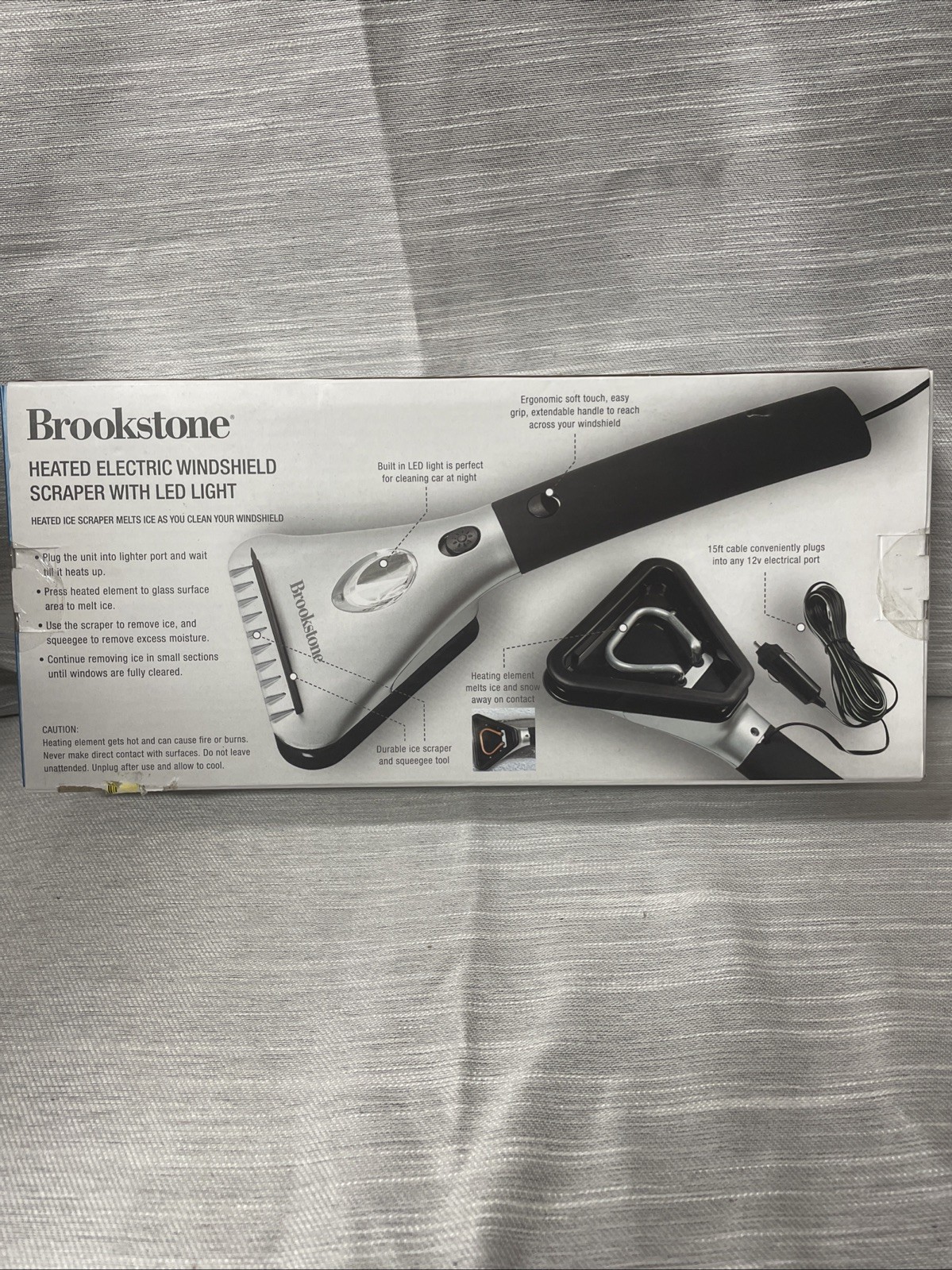 BROOKSTONE Heated Electric Windshield Snow & Ice Scraper with LED Light NEW