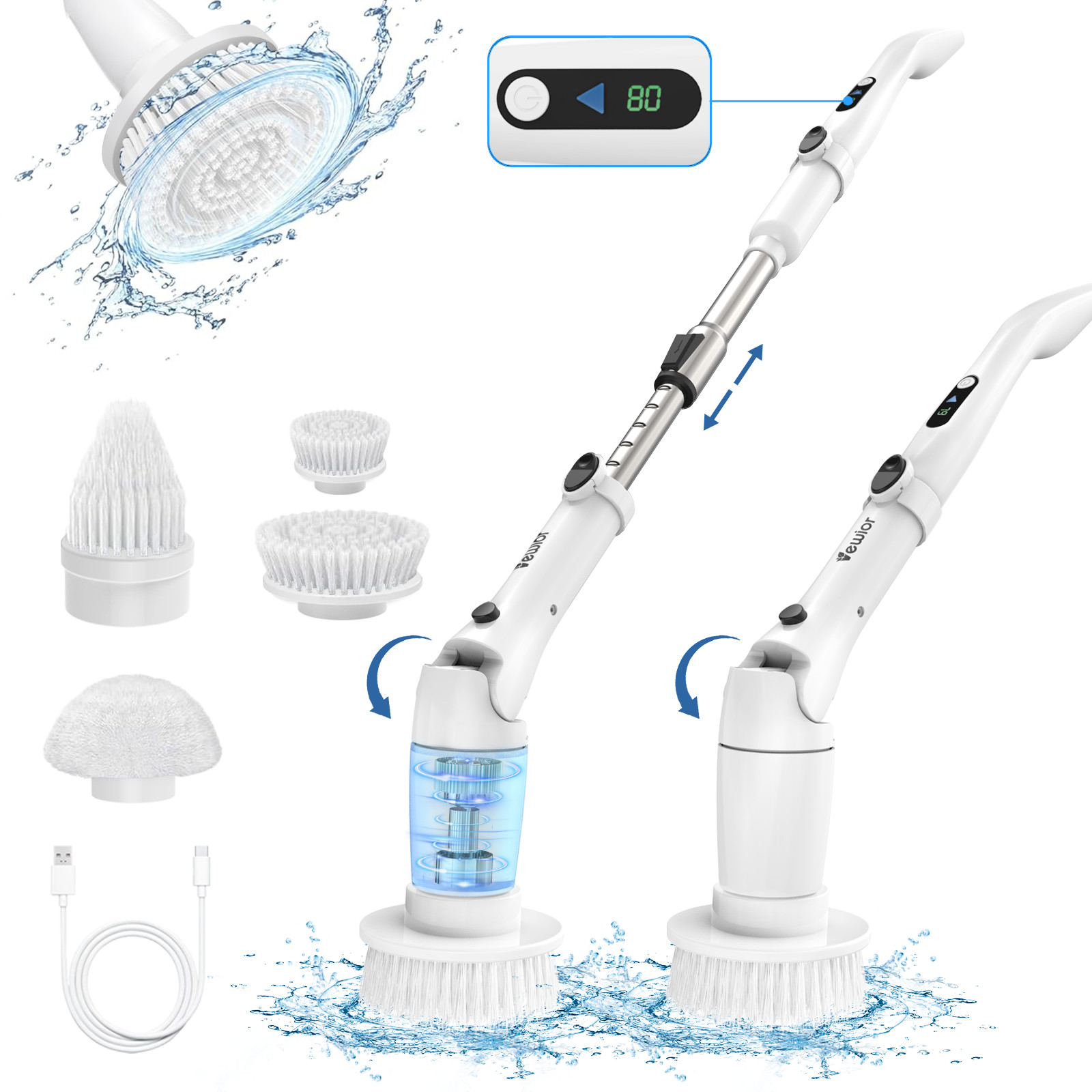 Electric Spin Scrubber Cordless Cleaning Brush with 3 Adjustable Angle 2 Speeds