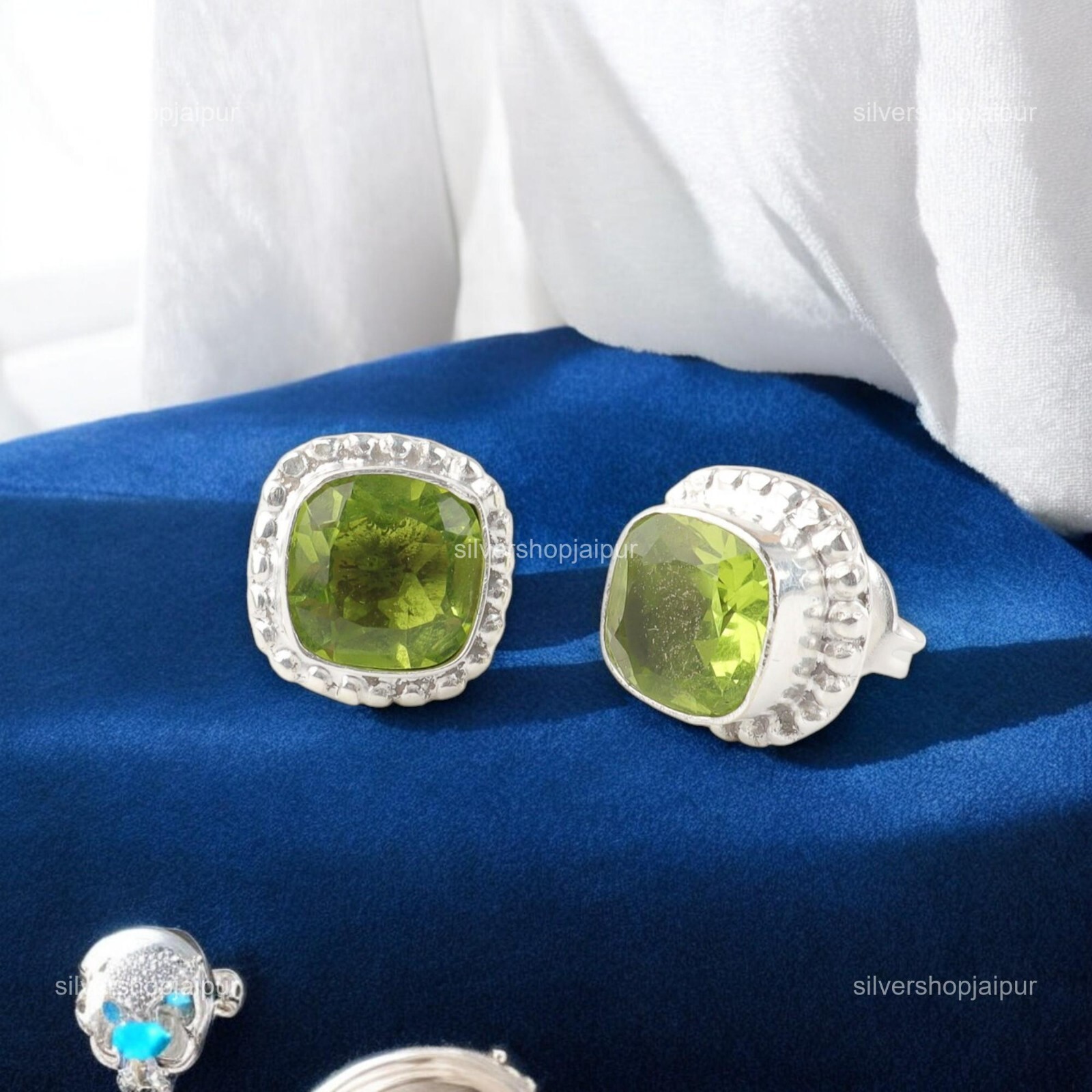 925 Sterling Silver Cushion Cut Natural Peridot Stud Post Boho Earrings Jewelry