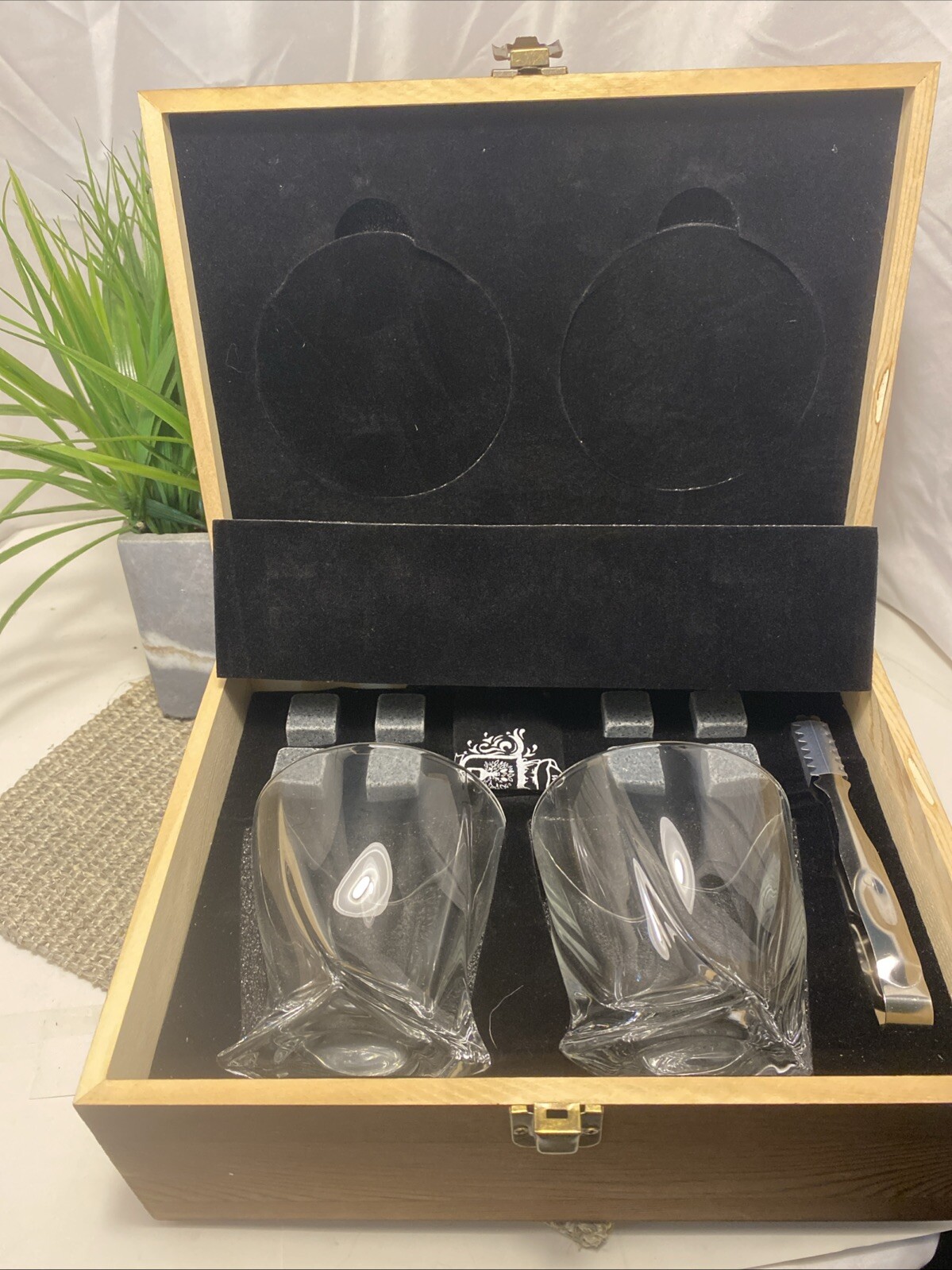 Whiskey Gift Set For Two, Natural Ice Stones And Glassware With Wooden Box