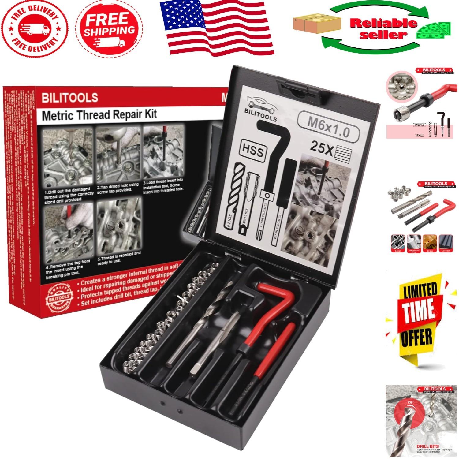 All-in-One M6x1.0 Thread Repair Kit with HSS Drill & Stainless Inserts