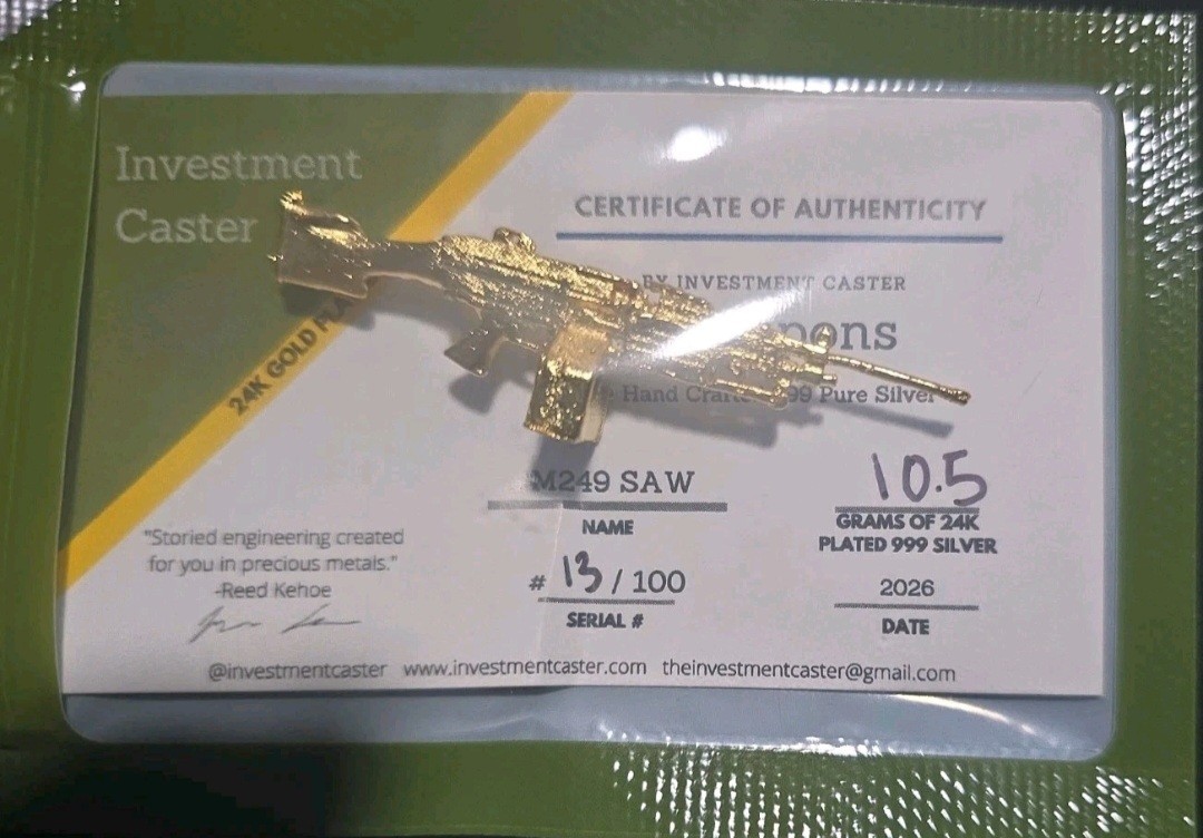 M249 SAW 24k Gold Plated .999 Silver 10.5g Investment Caster W/Coa #13/100