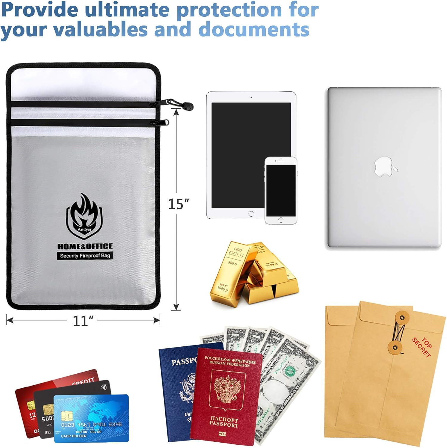 15"x11" Fireproof Waterproof Document Bag 2 Pocket Zipper Safe Storage Pouch