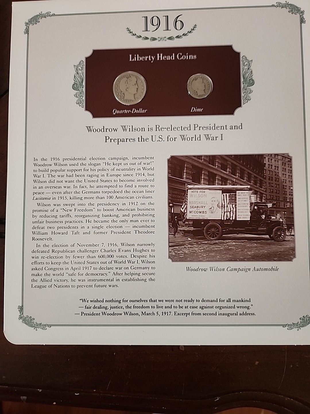 1916-d Liberty Quarter Dime Cards History Silver