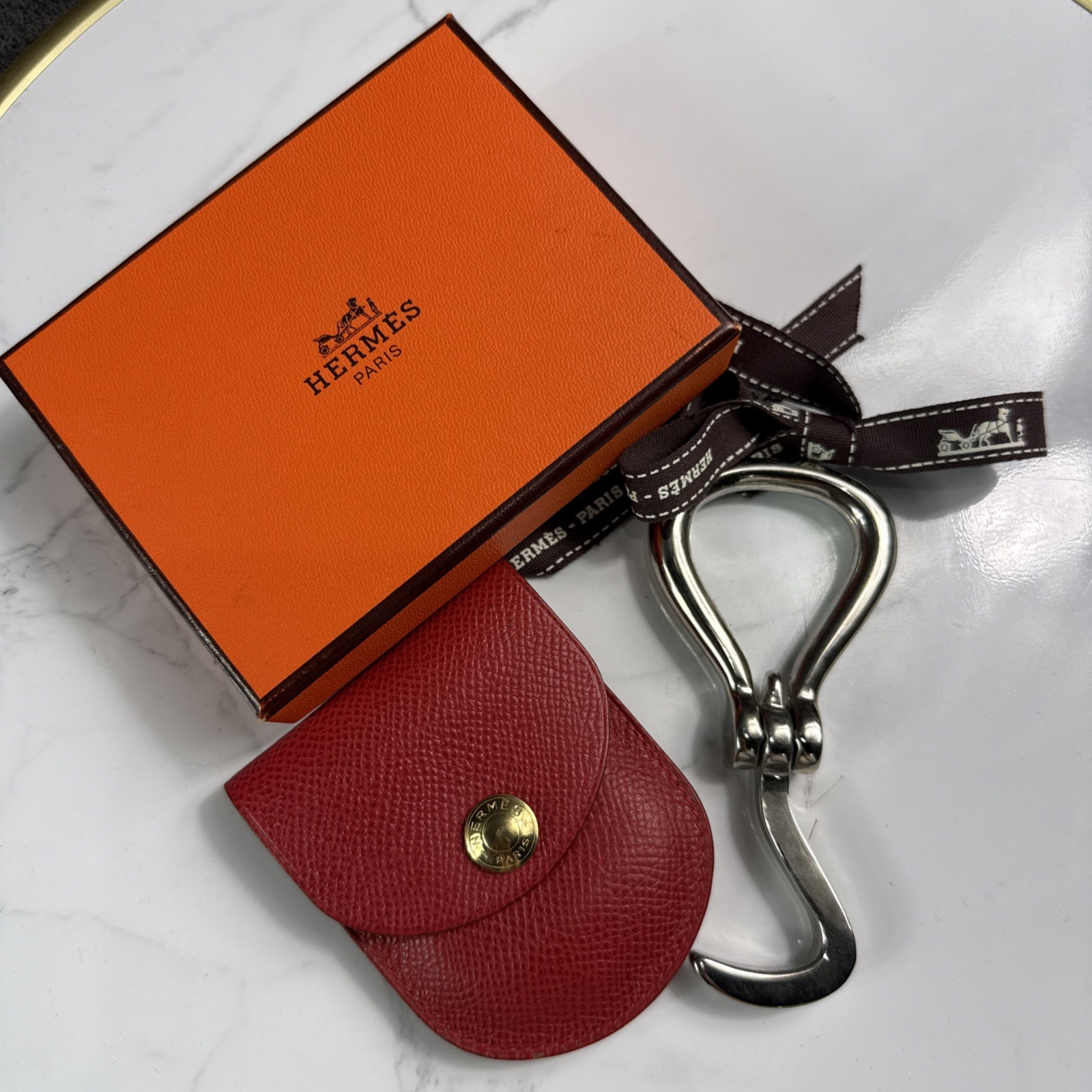 Hermes Etui Cuir Pied Boot Hook Handbag Hanger Silver Red Leather Case Full Set