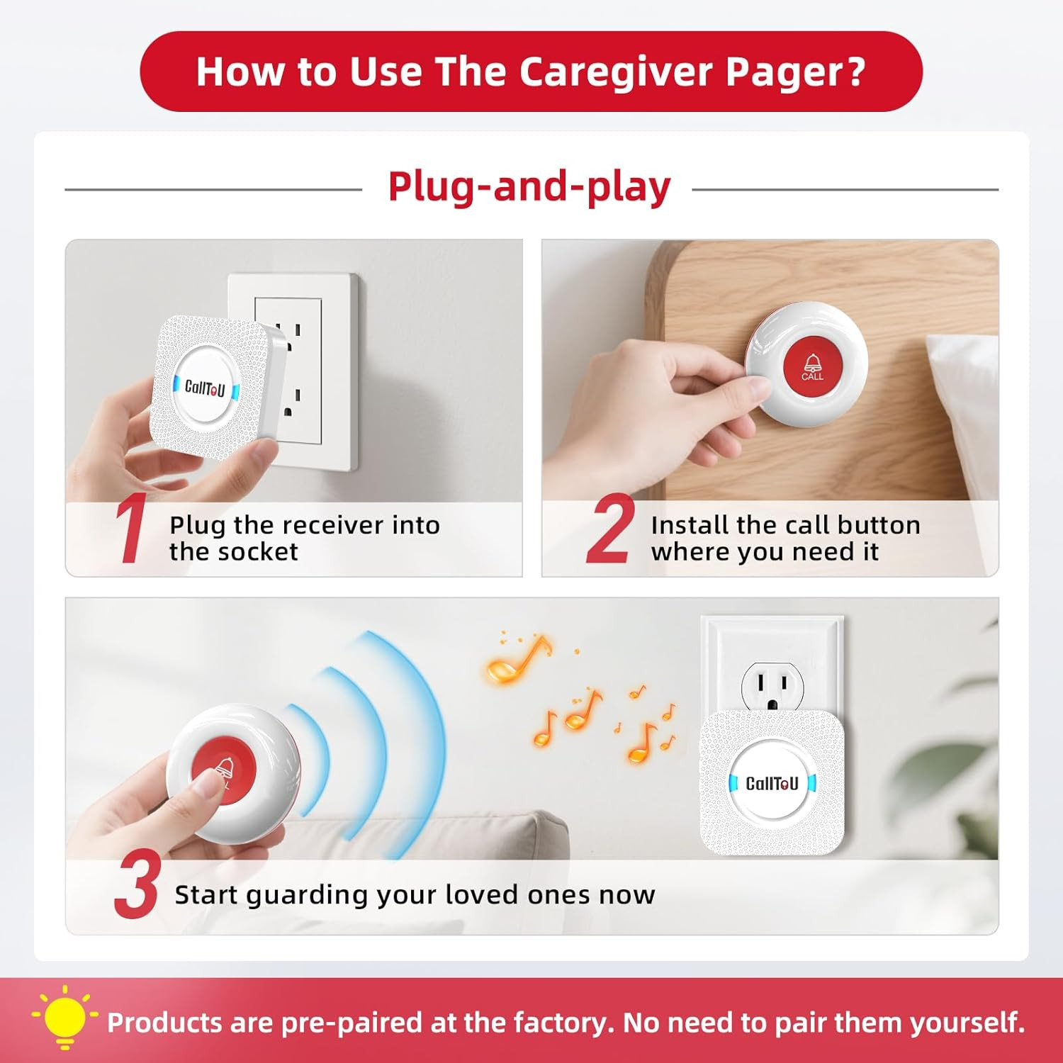 Wireless Caregiver Pager Smart Call System 2 SOS Call Buttons/Transmitters 2 Rec