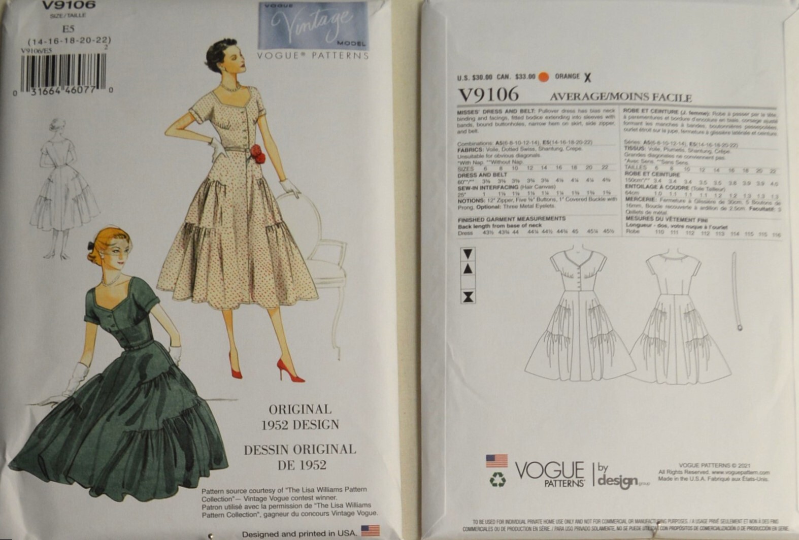 Vogue Pattern V9106 - Misses' Dress -Fitted Bodice, Short Sleeves, Pullover 1952
