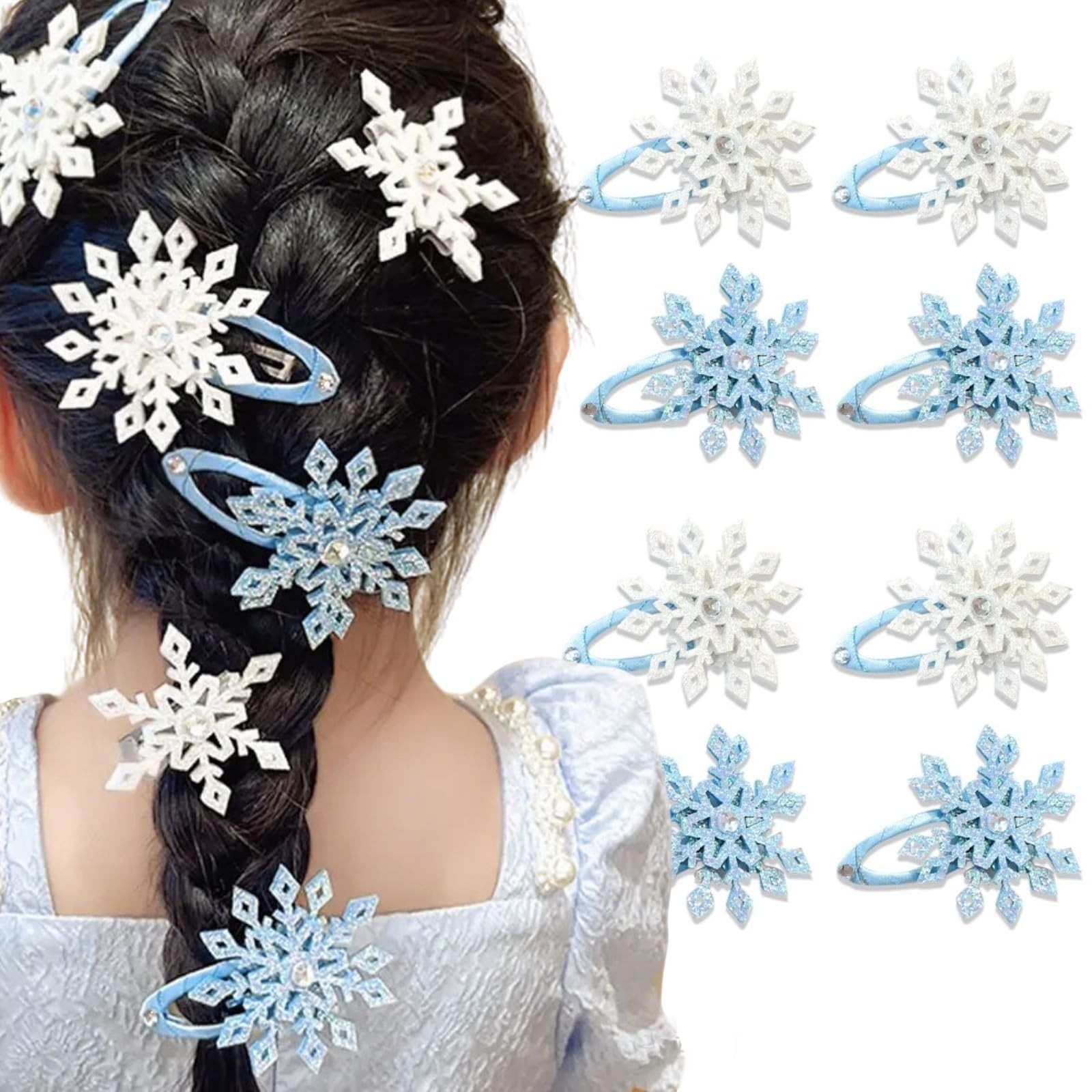 8PCS Sparkly Snowflake Hair Clip Blue White Christmas Hair Accessories for Wo...