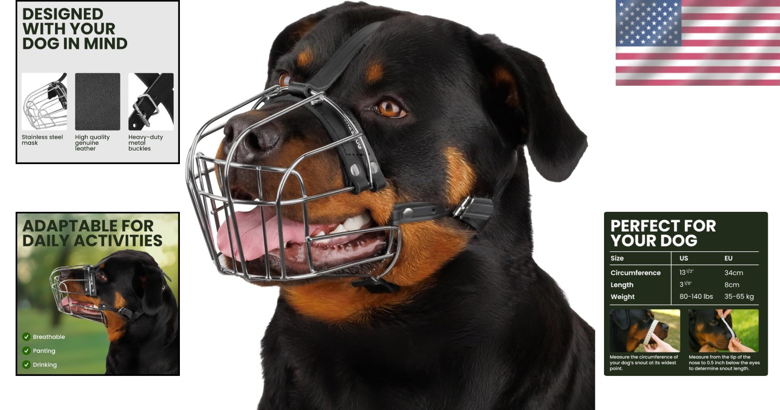 Adjustable Wire Basket Dog Muzzle for Large Breeds - Rottweiler Safe