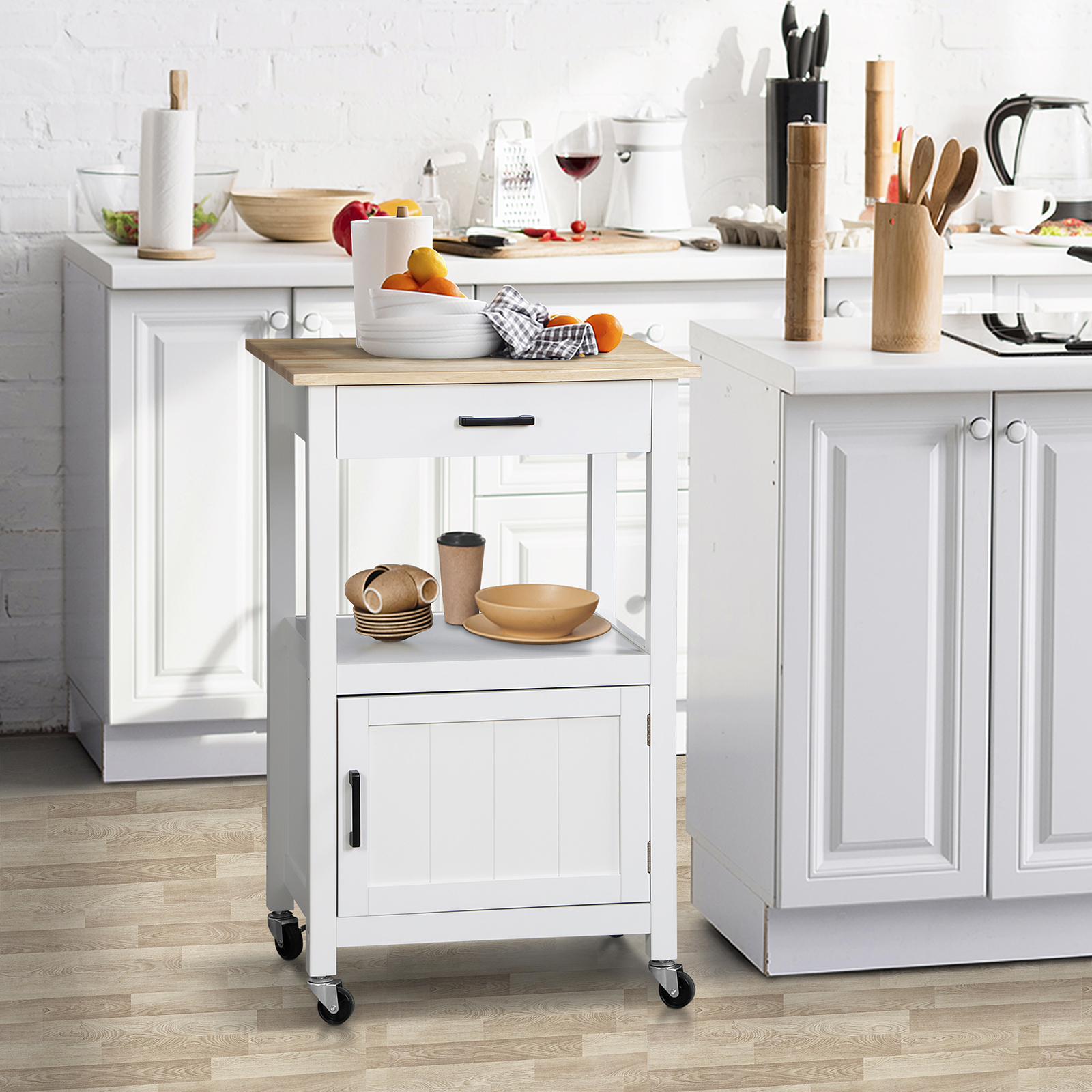 Kitchen Island Rolling Storage Trolley Dining Storage Shelf W/ 360° Wheels White