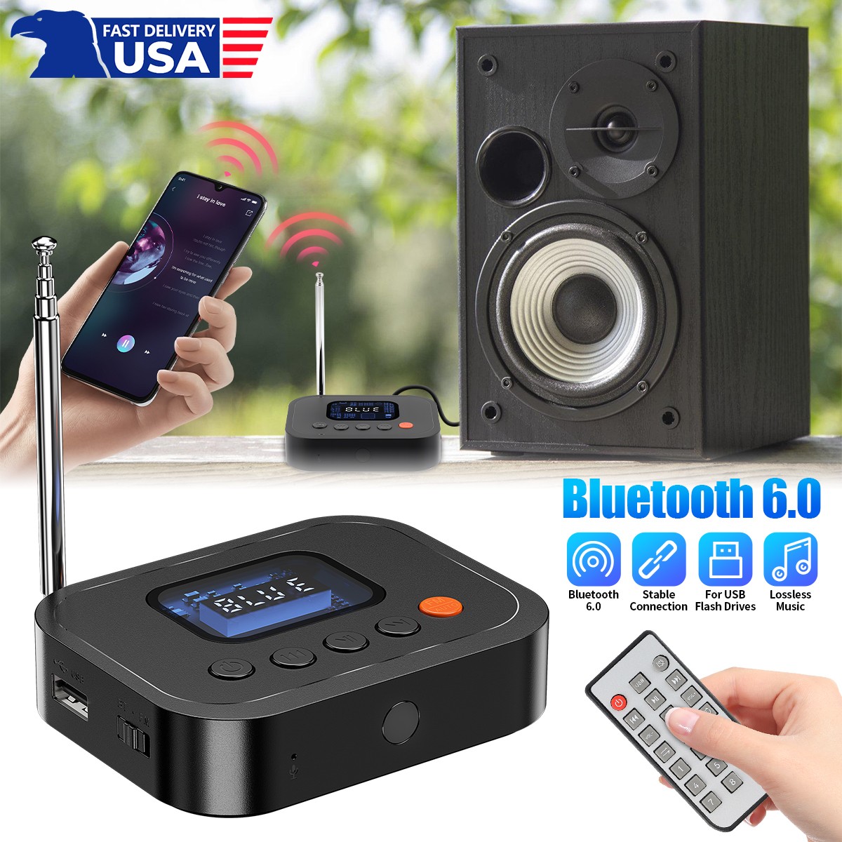 Bluetooth 6.0 Audio Receiver FM Radio 3.5Mm AUX,RCA/USB/U Disk Bluetooth Adapter