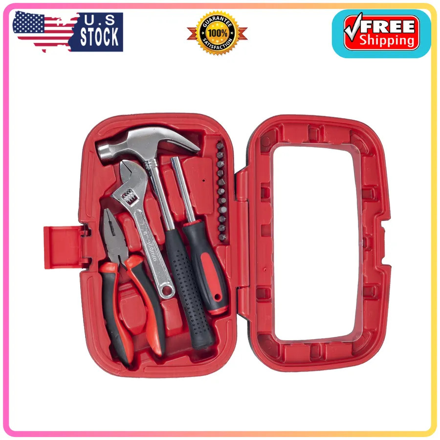 Stalwart 15 Piece Tool Set with Hammer and Multi Bit Screwdriver Red