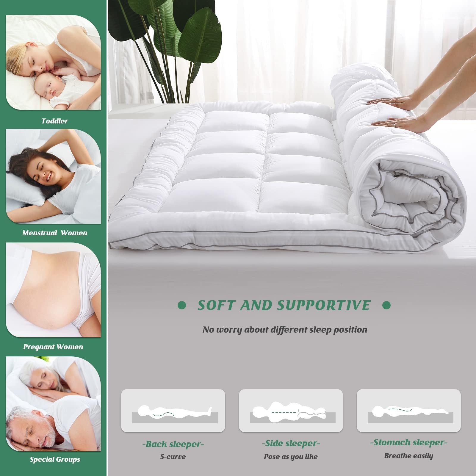 GRT Pillowtop Mattress Topper Queen Size, Rayon from Bamboo Queen, White