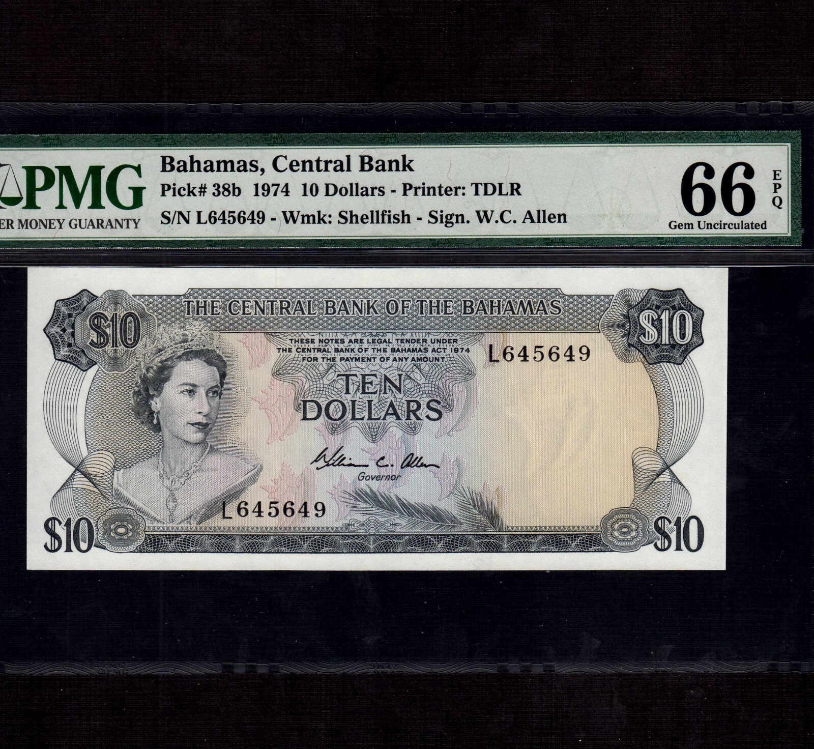 Bahamas 10 Dollars 1974 P-38b * PMG Gem Unc 66 EPQ * Queen Elizabeth *