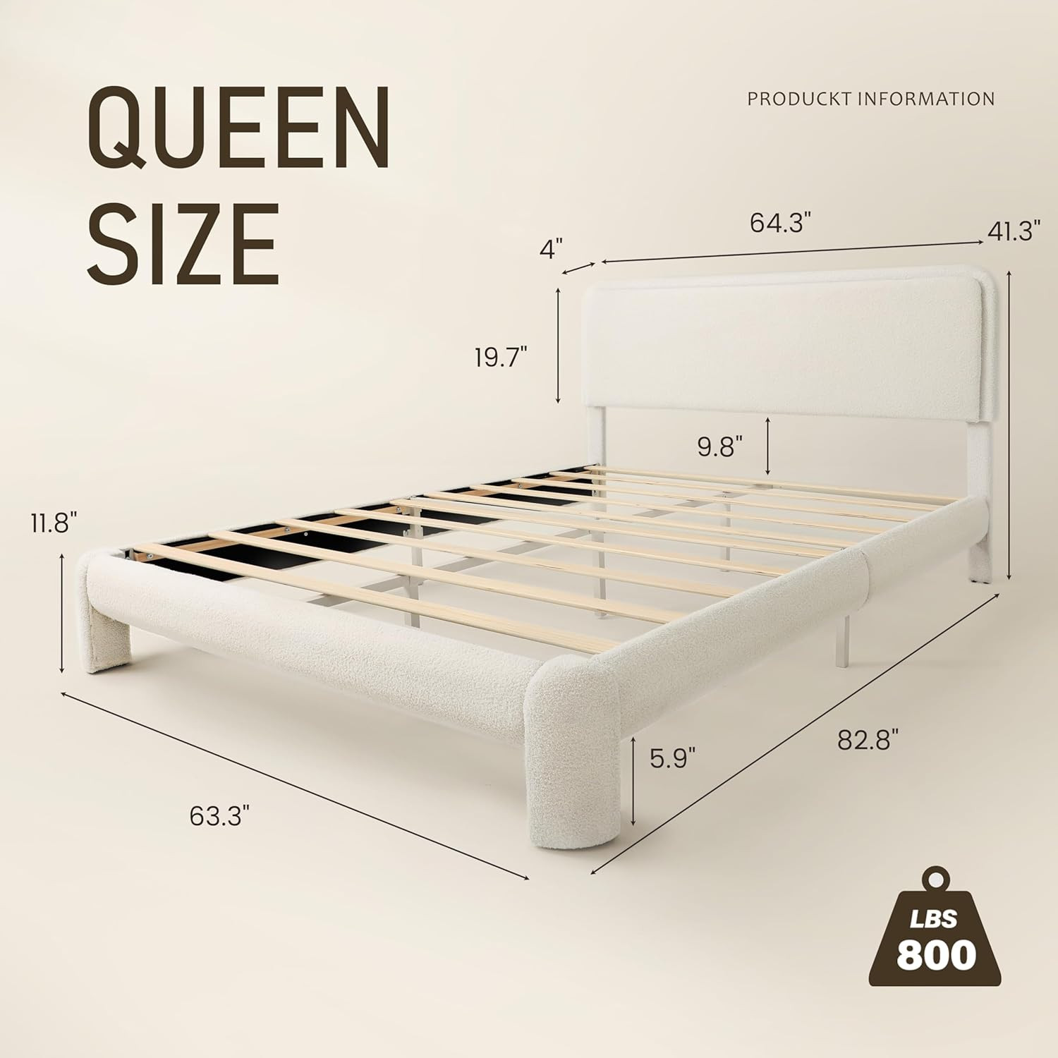 Queen Size Boucle Bed Frame, Upholstered Cloud Bed Frame with Shelf Headboard, B
