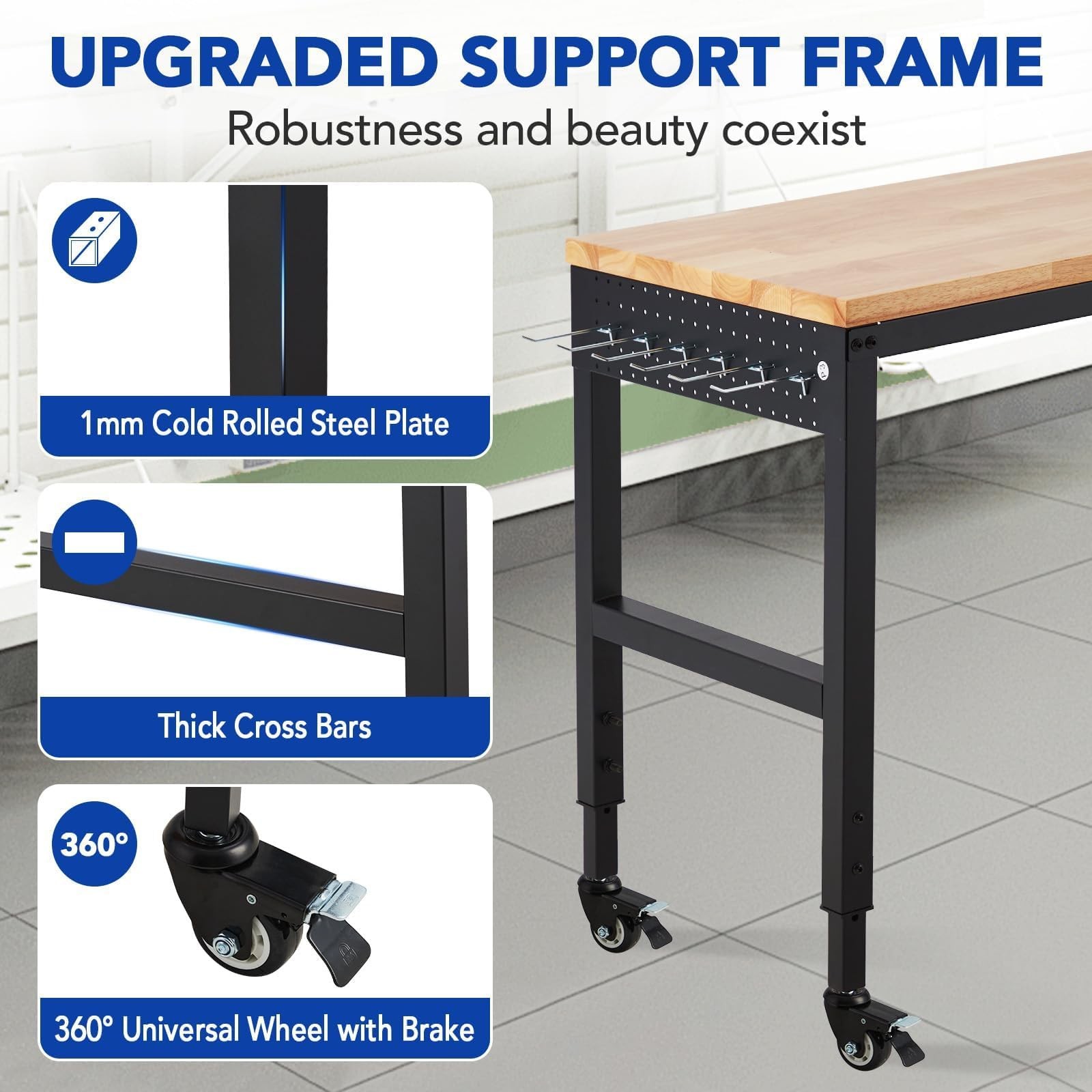 72" Adjustable Workbench 2000 LBS Heavy Duty Garage Work Table with Power Outlet