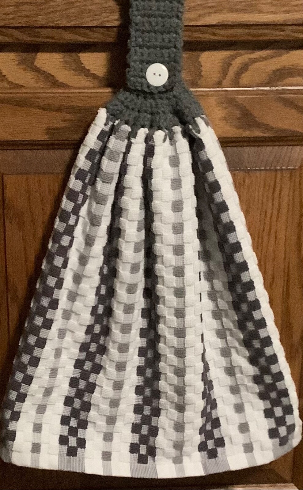 Double hanging kitchen towel gray plaid  crocheted gray top