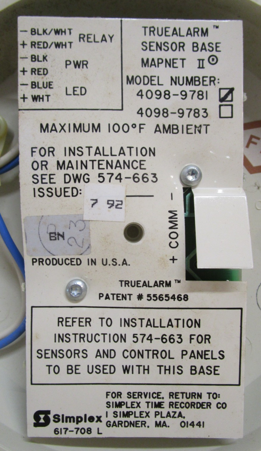 NEW SIMPLEX 4098-9781 TRUEALARM SENSOR BASE