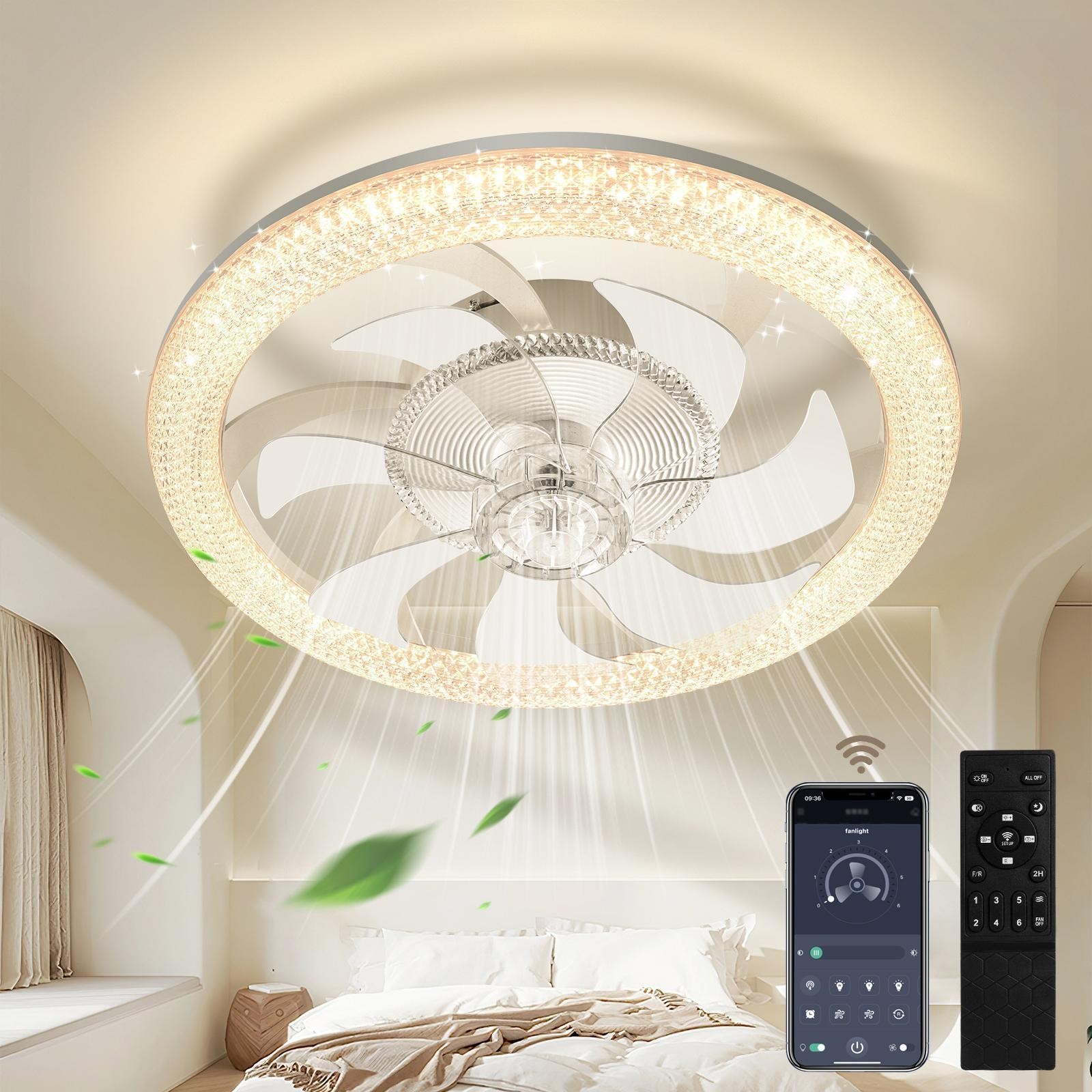 19" Modern Fan Lights Flush Mount LED Ceiling Light kit With Remote APP Control