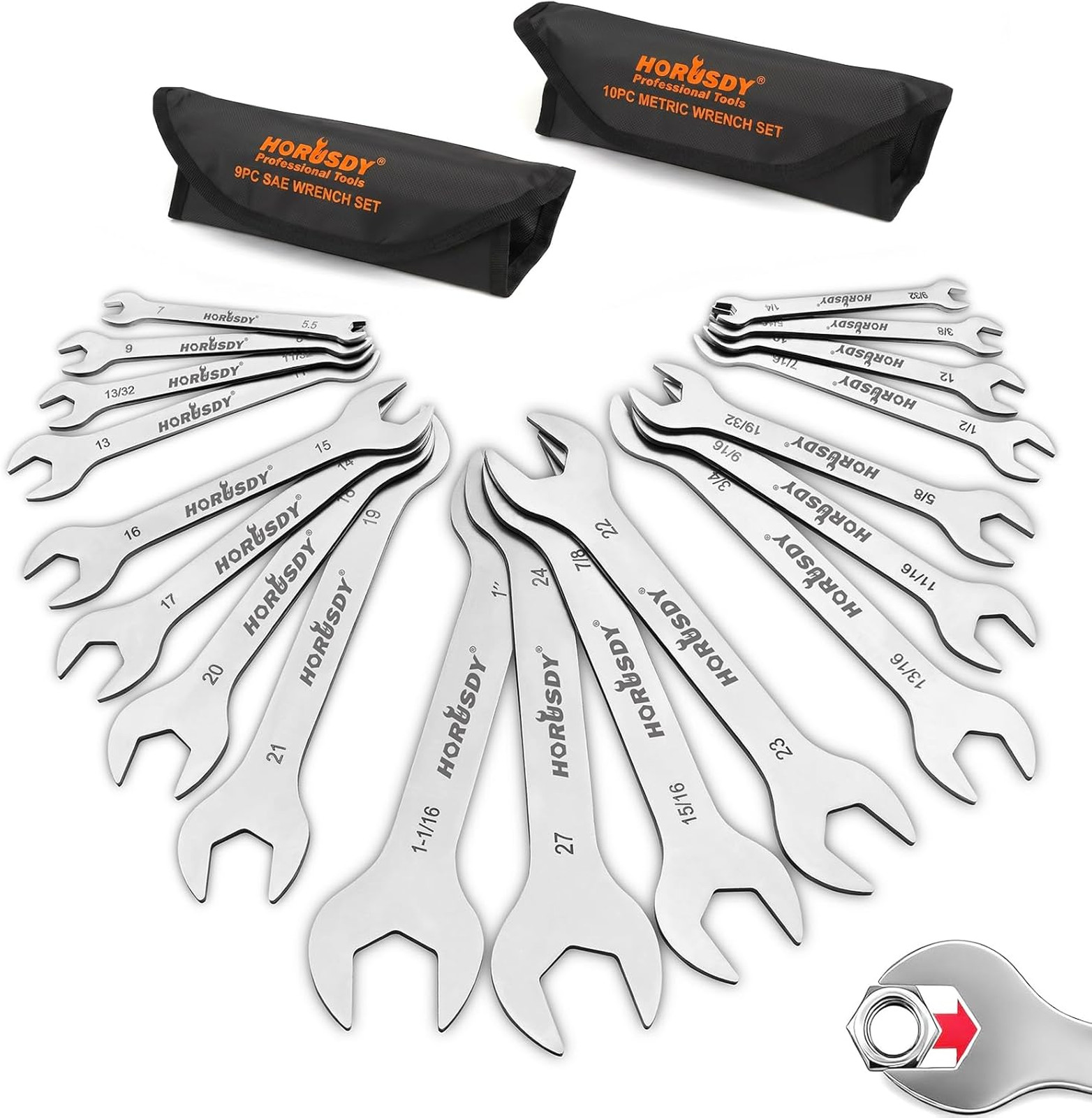 Open End Wrench Set with Rolling Pouch, CR-V Steel, 19-Piece SAE Metric, 1/4 to