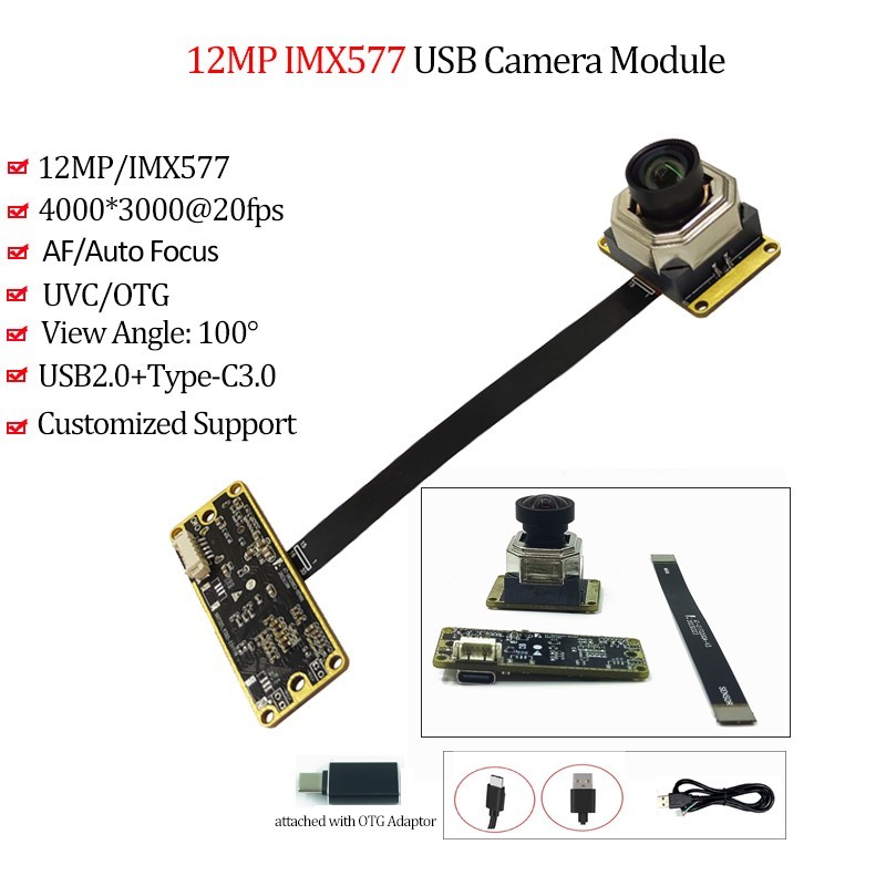 4K 12MP IMX577 USB3.0 Module Camera 100° AF Autofocus UVC OTG Webcam Free Drive