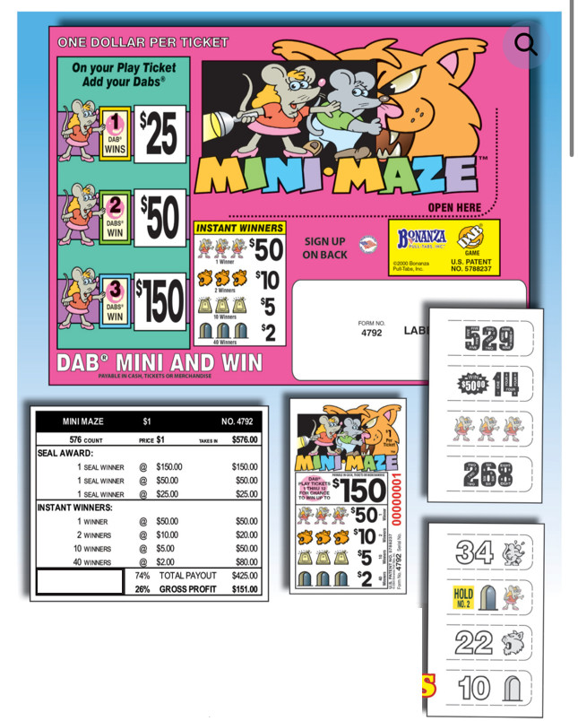 Pull Tab Ticket - Hard Card Tickets - Game -Pick Board - Mini Maze - 576 ct