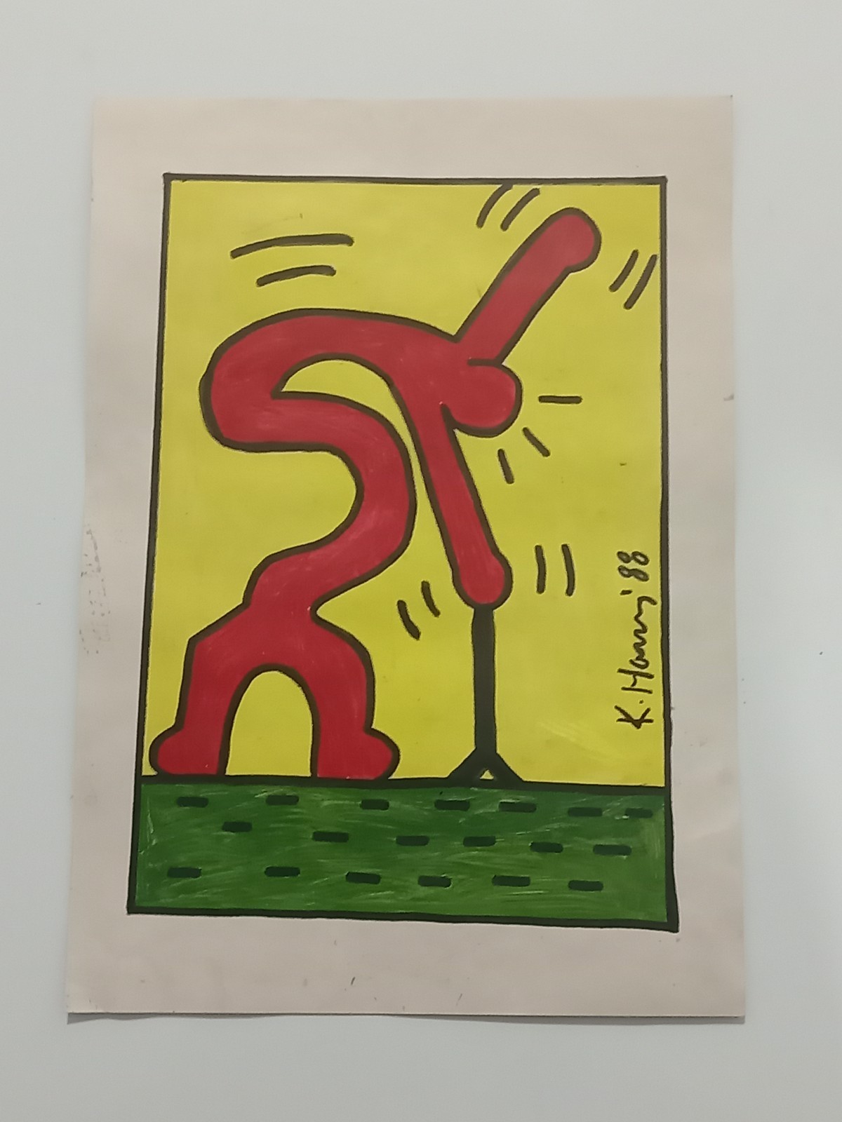 Keith Haring Drawing on paper (Handmade) signed and stamped mixed media.