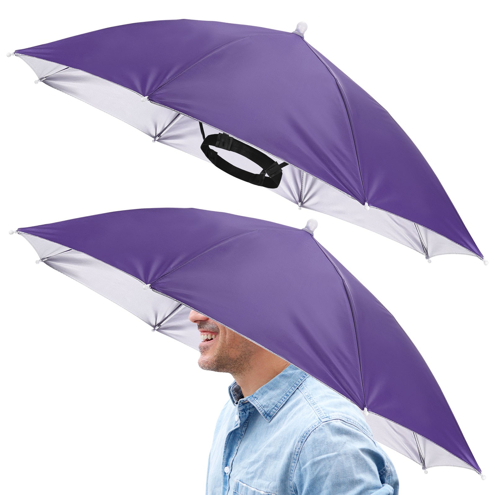 2 Pcs 26" Headband Umbrella Hat Hands Free Umbrella Cap for Outdoor [Purple]