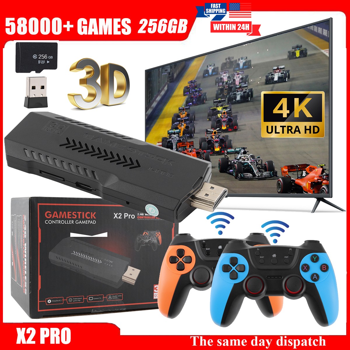 X2 PRO 58000+ Games 4K Game Stick 3D Retro Video Game Console Wireless 256G 2025