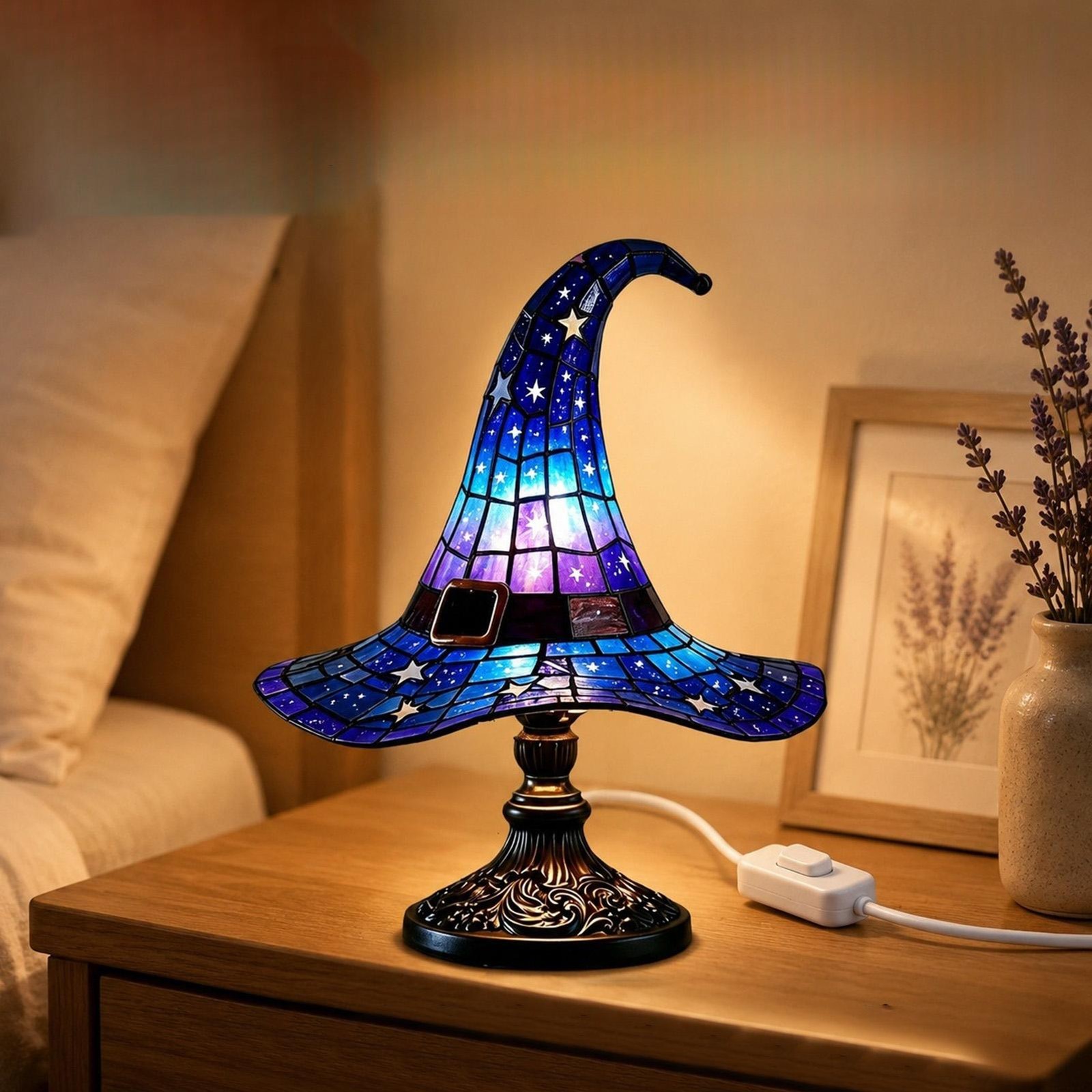 Stained Resin Witch Hat Lamp,USB Powered Gothic Wizard Hats Night Light
