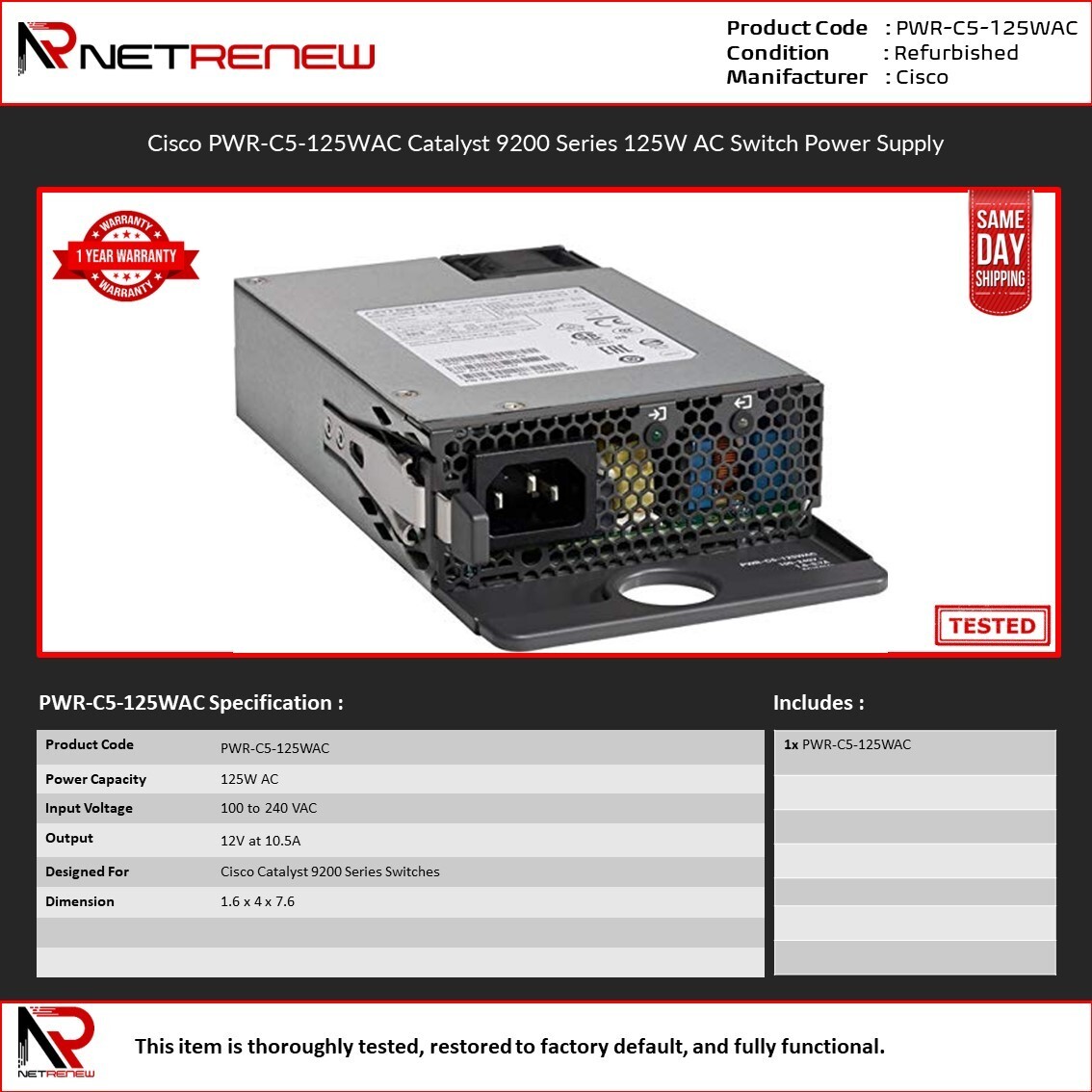 Cisco PWR-C5-125WAC Power Supply for Catalyst 9200 Series Switches