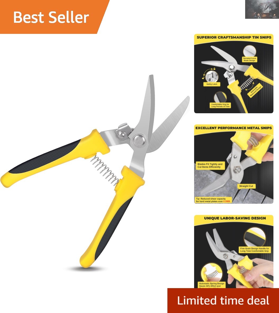 8IN Ergonomic Tin Snips with Serrated Stainless Steel Blades for All Materials
