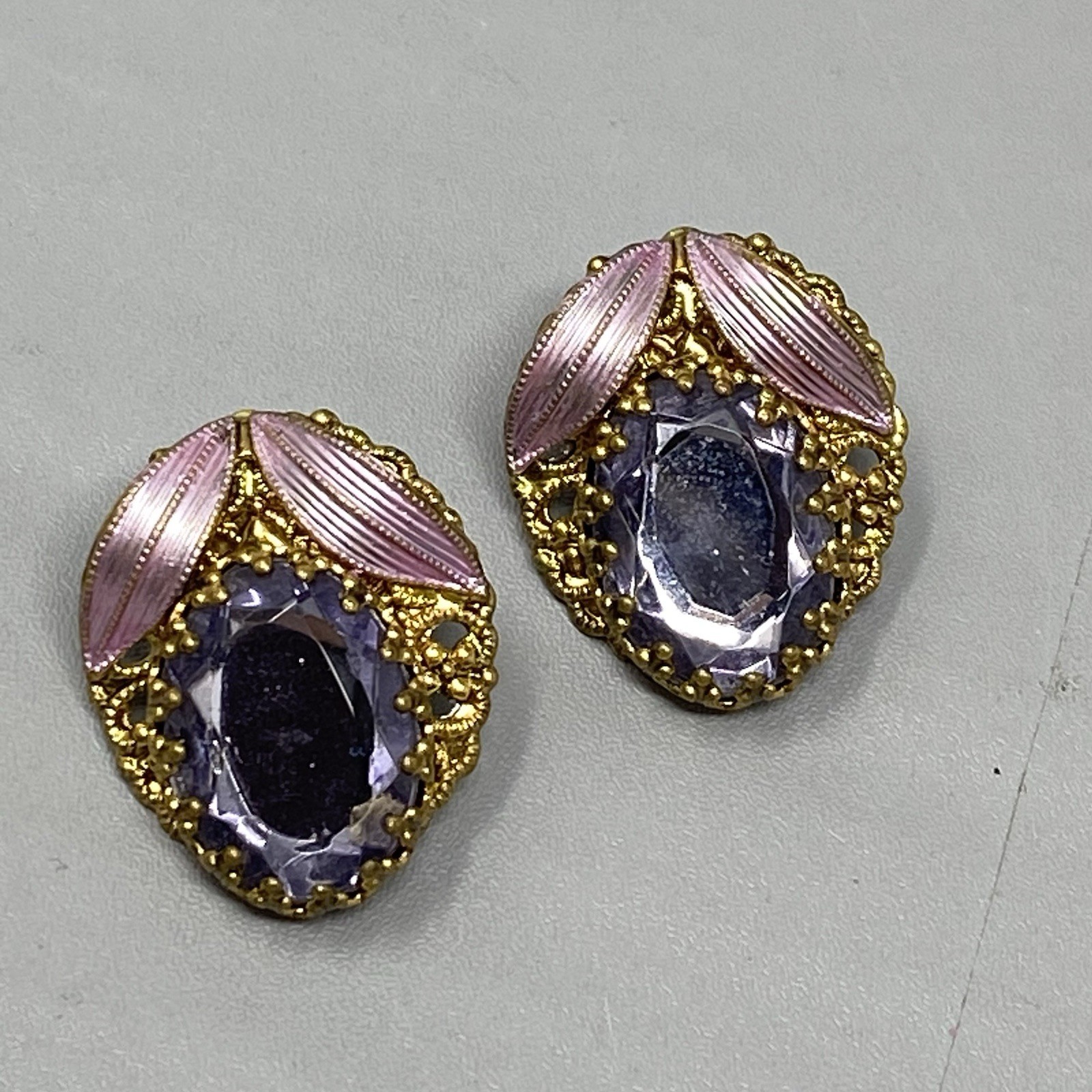 Purple Glass Rhinestone Earrings Pierced Enamel Silk Ribbon W Germany Style 1"