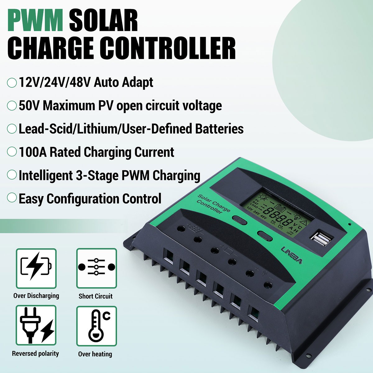 100A PWM Solar Panel Regulator Charge Controller Auto Focus Tracking 12V/24V/48V