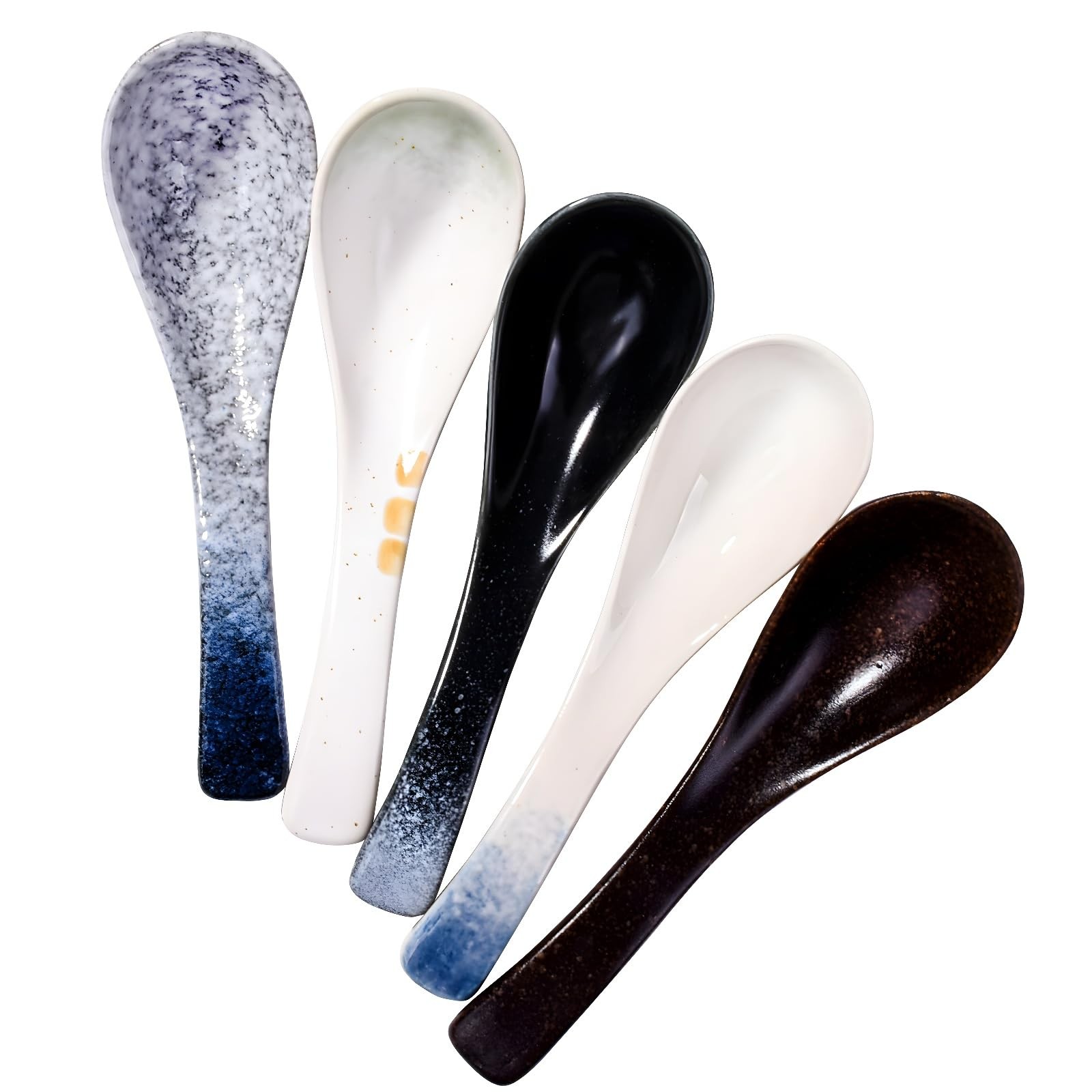 Japanese Soup Spoons Set of 5 Asian Porcelain Soup Spoon for Ramen Wonton Pho...