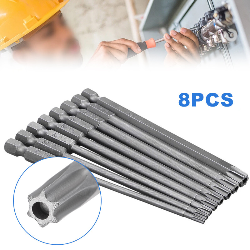 8pcs 1/4" Hex Shank  T8-T40 Magnetic S2 Steel Torx Security Screwdriver Bit