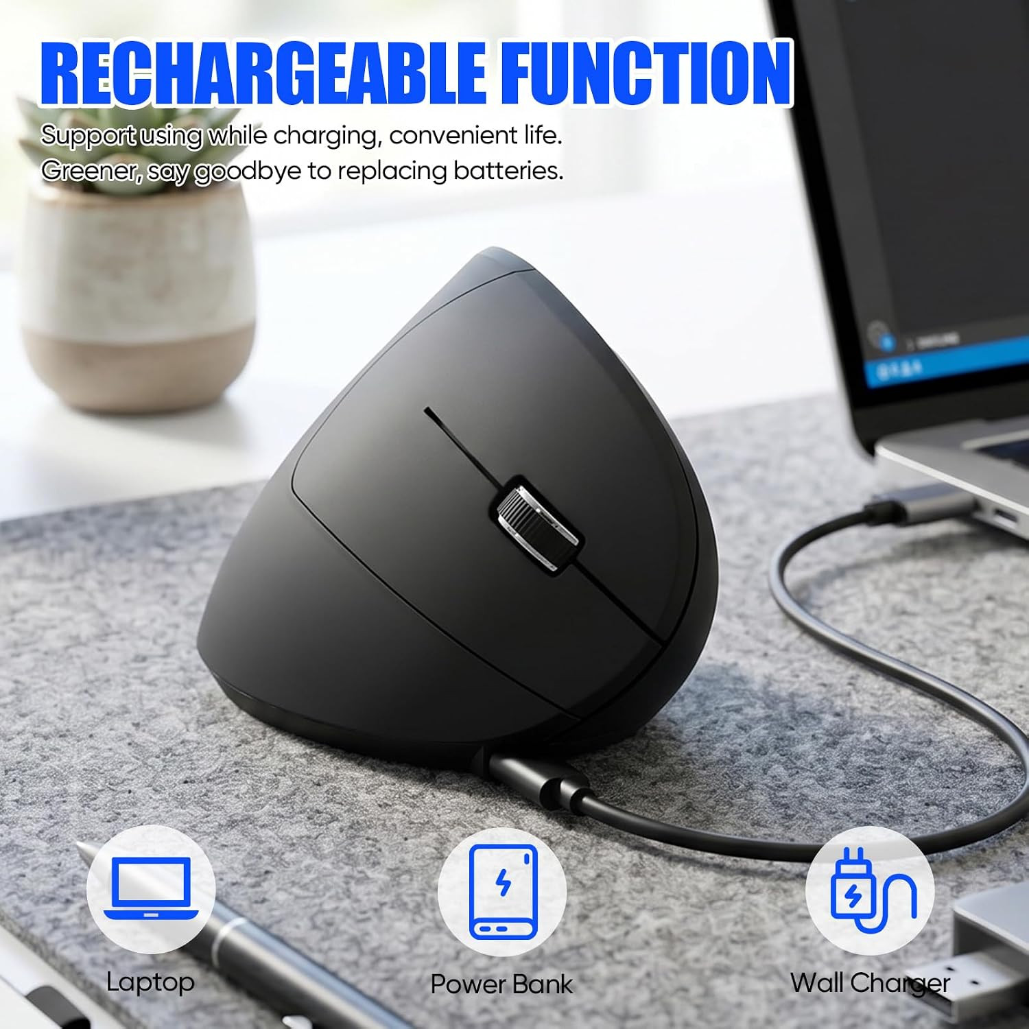Wireless Bluetooth Ergonomic Vertical Mouse, Rechargeable Silent Slim Laptop