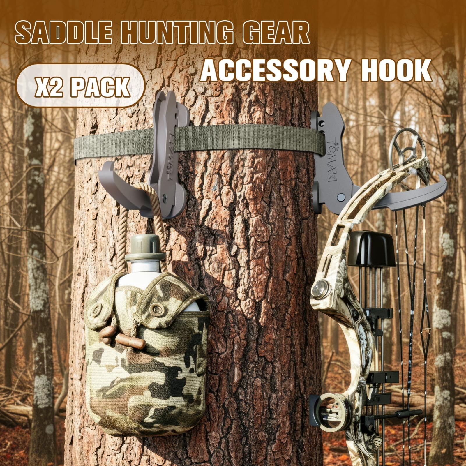 Saddle Hunting Bow Hanger Hook - Adjustable Bow Hangers, Tree Accessories, Strap