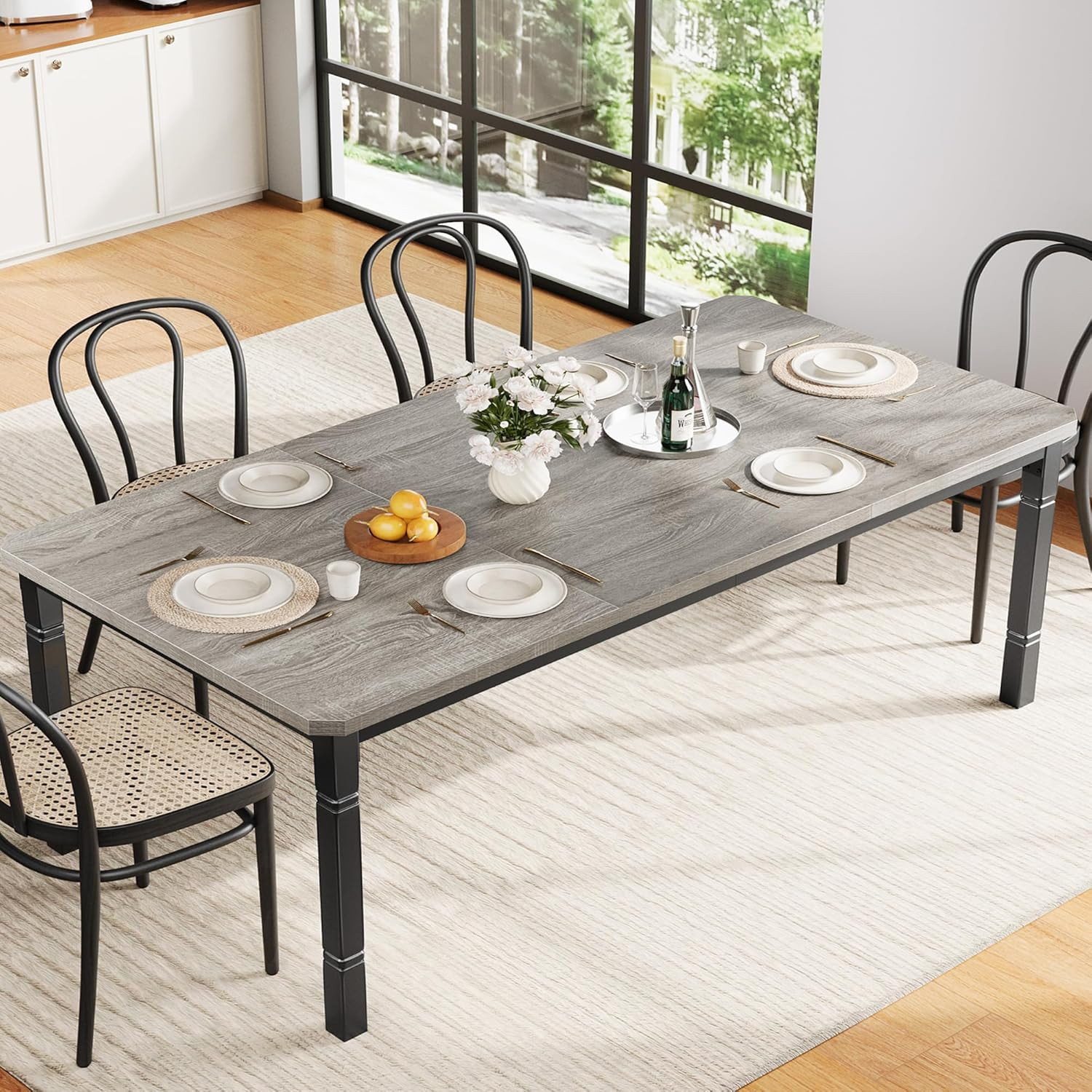 Large Dining Table for 6-8 People, 71" Wooden Kitchen Table with Sturdy Metal Fr