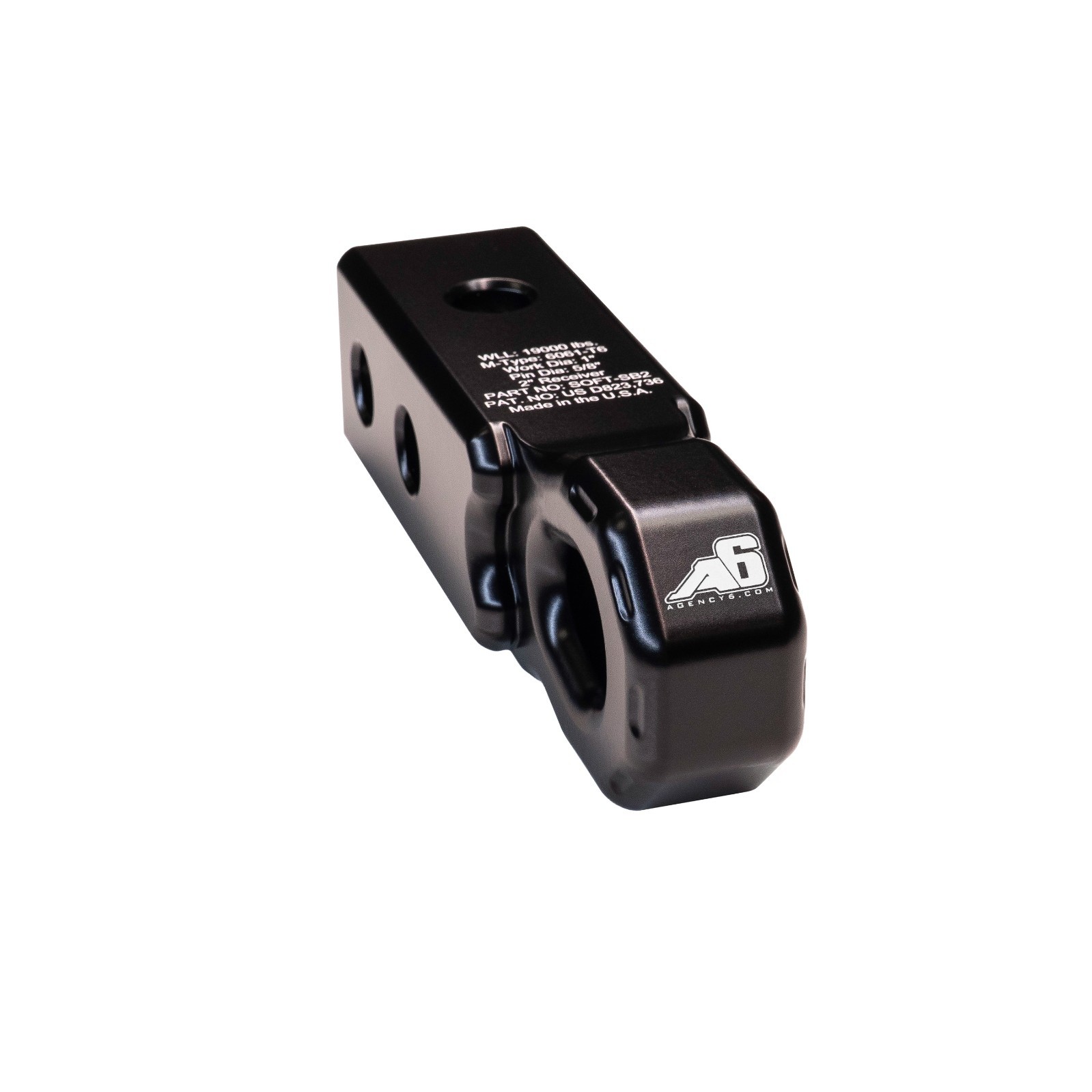Agency 6 Soft Shackle Block – 19K lb WLL, 65K+ Break – 2” Hitch Receiver - BLACK